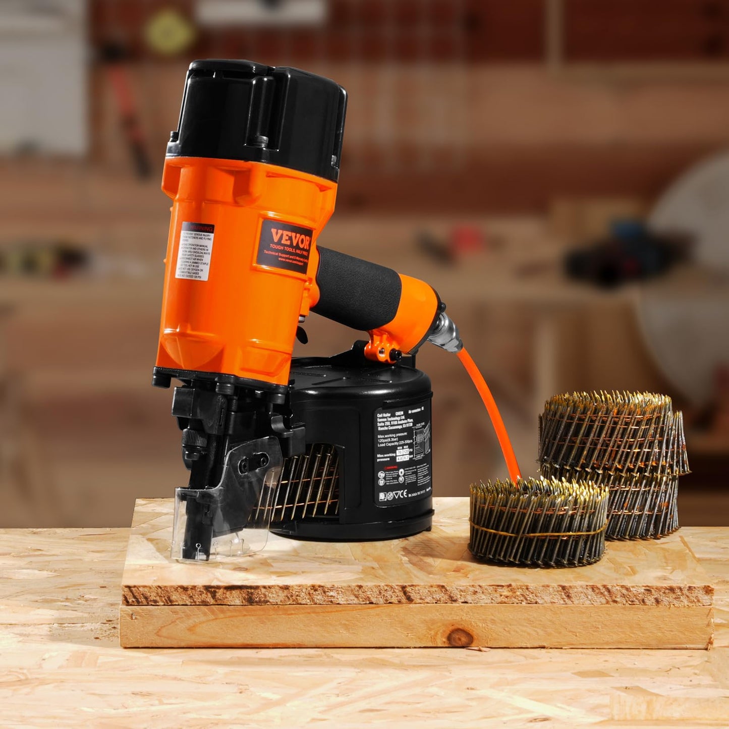 VEVOR Coil Siding/Framing Nailer CN83N, 2" to 3-1/4" 15 Degree Pneumatic Siding Nail Gun with Tool-Less Depth Adjustment, 70-120PSI Air Coil Nailer for Siding Sheathing Wooding Fencing Decking
