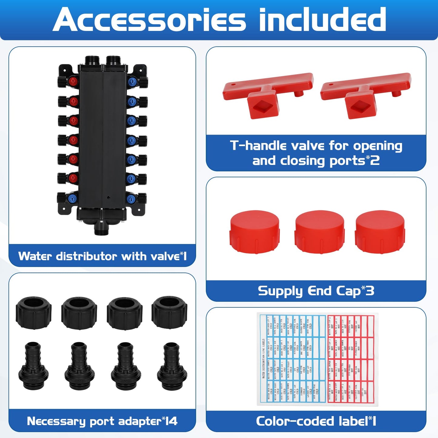 50143 Pex Manifold Compatible with Viega Manabloc, Homerun Distribution Pex Manifold with Valves, 1/2-Inch Zero Lead Poly Alloy PEX Crimp With 14 Ports Adapters(8 Cold, 6 Hot),Suitable for crimping