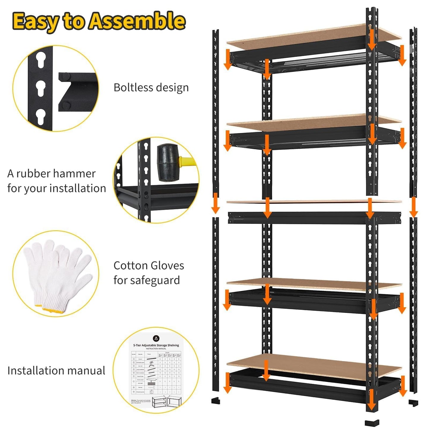 SierraSquad Heavy Duty Garage Storage Shelves, 5-Tier Metal Adjustable Shelving Unit with 2500 LBS Capacity, 35" L x 18" W x 72" H Storage Shelving for Kitchen Pantry Basement Bathroom Laundry