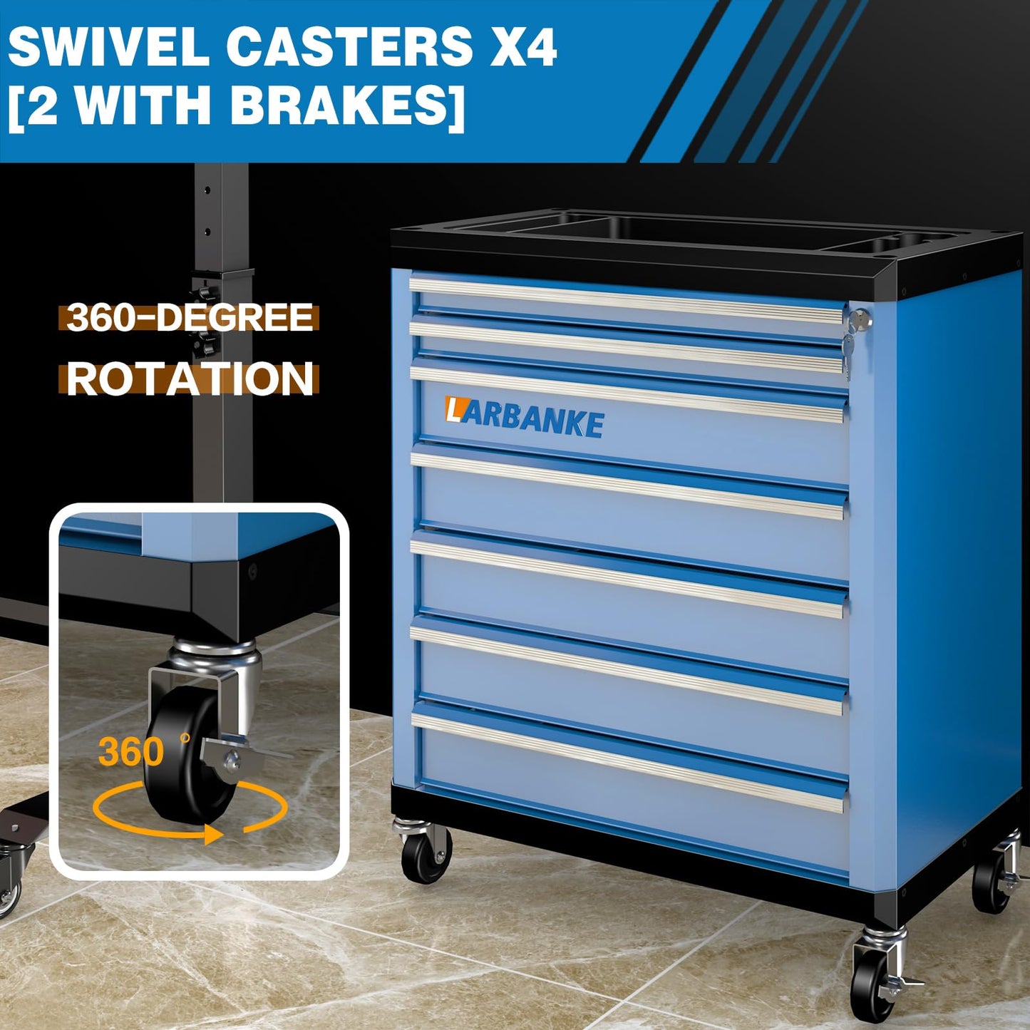 LARBANKE 7-Drawer Rolling Tool Chest with Lock&Keys and Swivel Casters,Tool Chest with Multi-Sizes Drawers and Multifunctional Countertop,Special Connect Rods for Connection with 5-Drawer Tool Cabinet