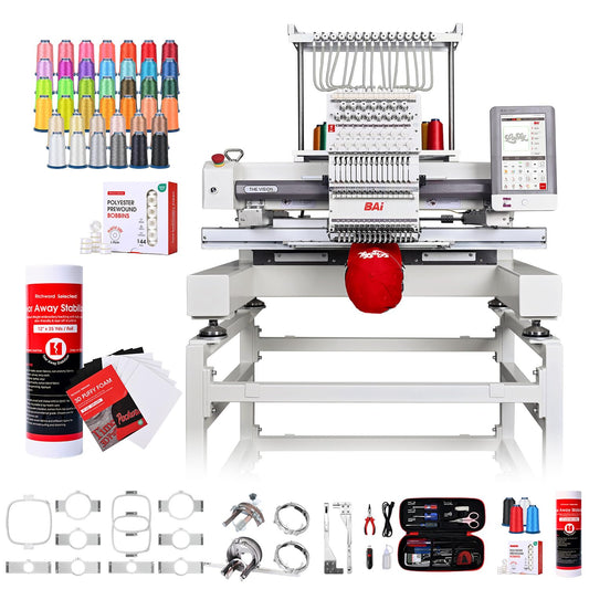 BAi The Vision+40 Colors thread+12" x 25 Yd tear Away Backing+ 6"x8" Puffy Foam+White Bobbins 144pcs Plastic Sided Type L(SA155), 60WT(75D/2)