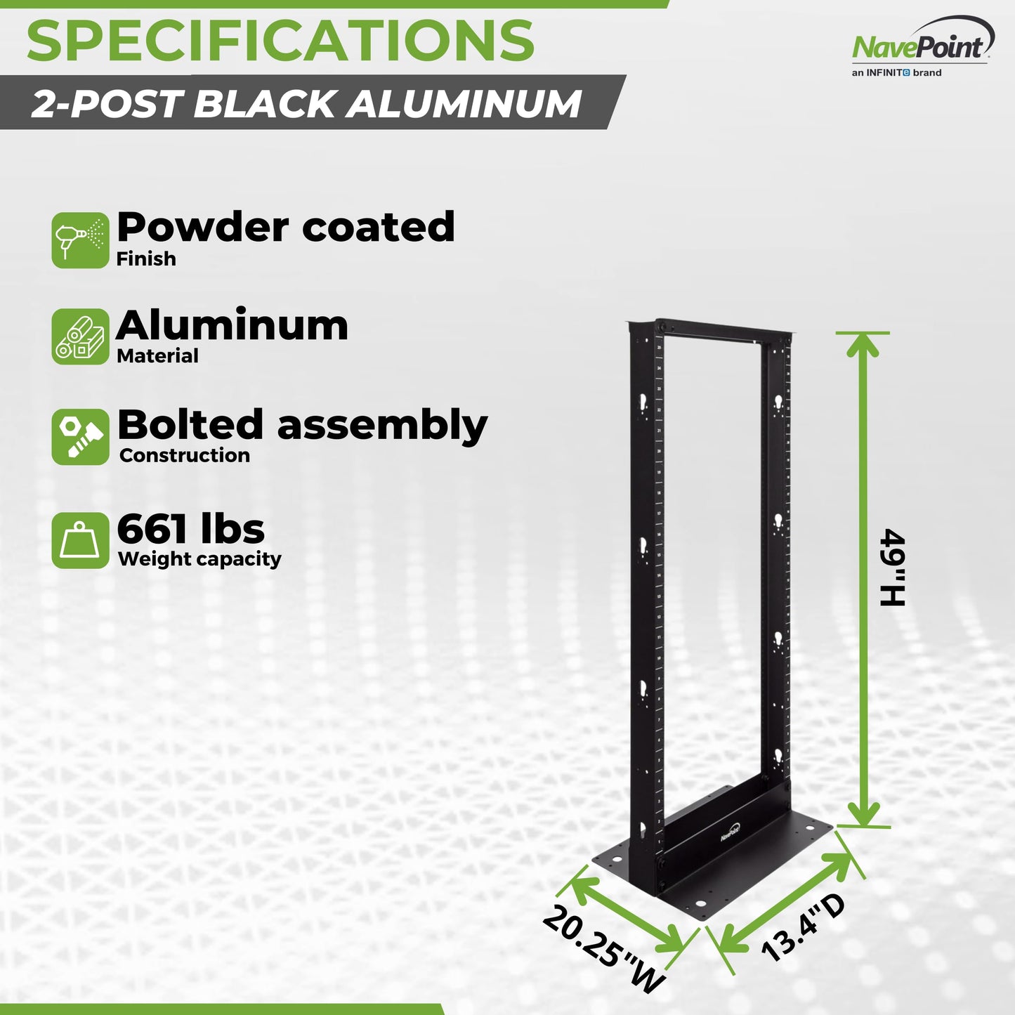 NavePoint 25U 2 Post Open Frame Server Rack for 19 Inch Equipment, AV, Networking, Data & IT Devices, 2-Post Rack 25U 661lbs Weight Capacity, Black