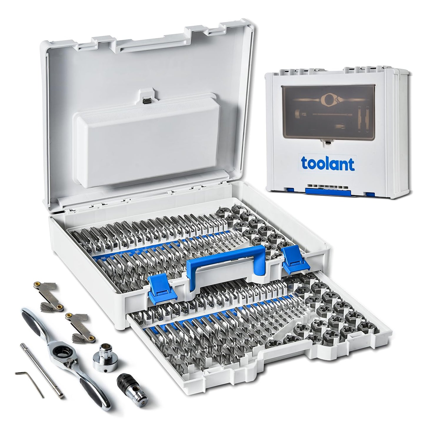 toolant 127 Piece Ratcheting Tap and Die Set, SAE/Metric Tap and Die Set with Assortment Drill Bit for Threading, Double-Layer Tool Box