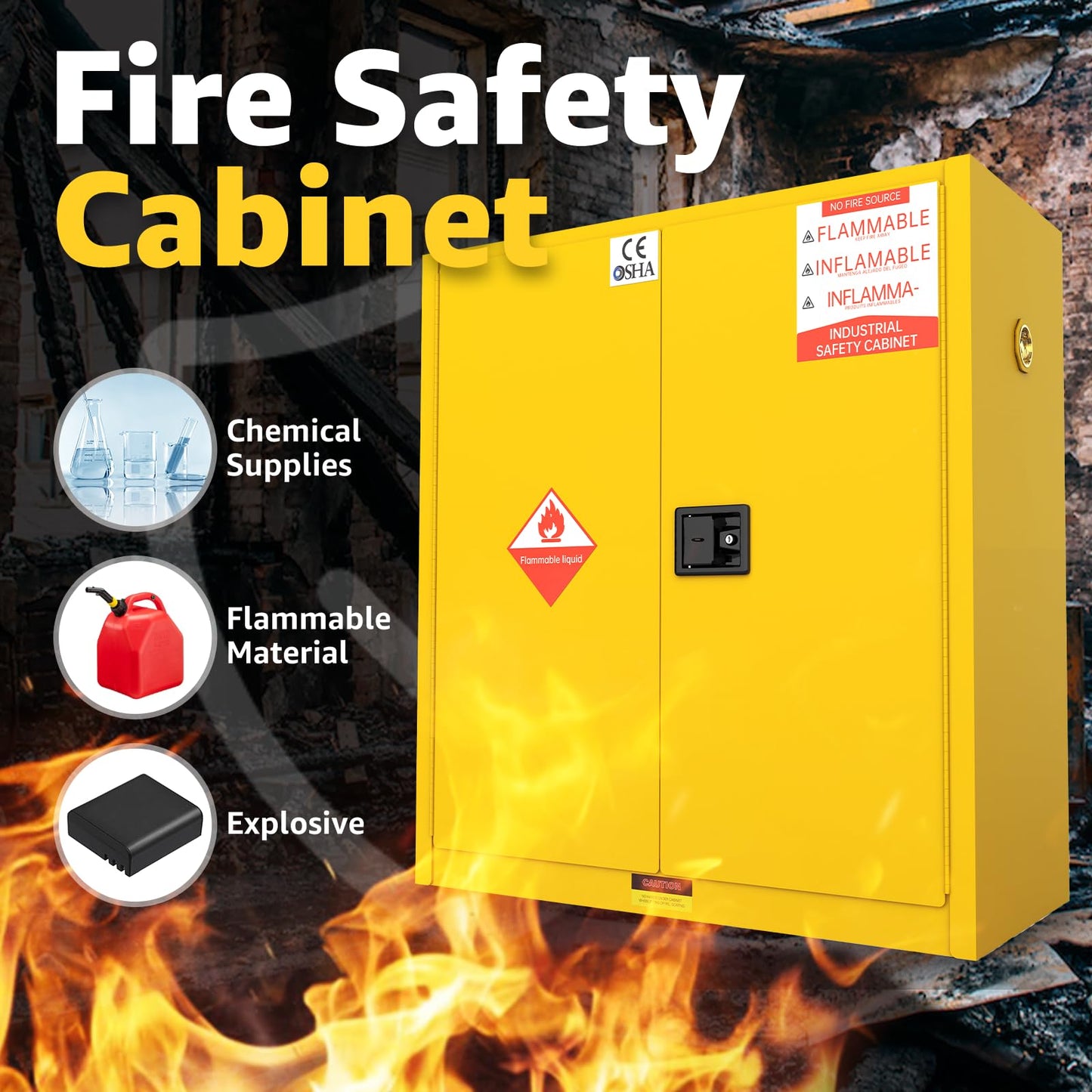 Vohala Flammable Storage Cabinet, 60 Gallon, 42.9" W x 18.1" D x 44.1" H, Wide Double-Wall Steel Fire Cabinet for Chemical Storage