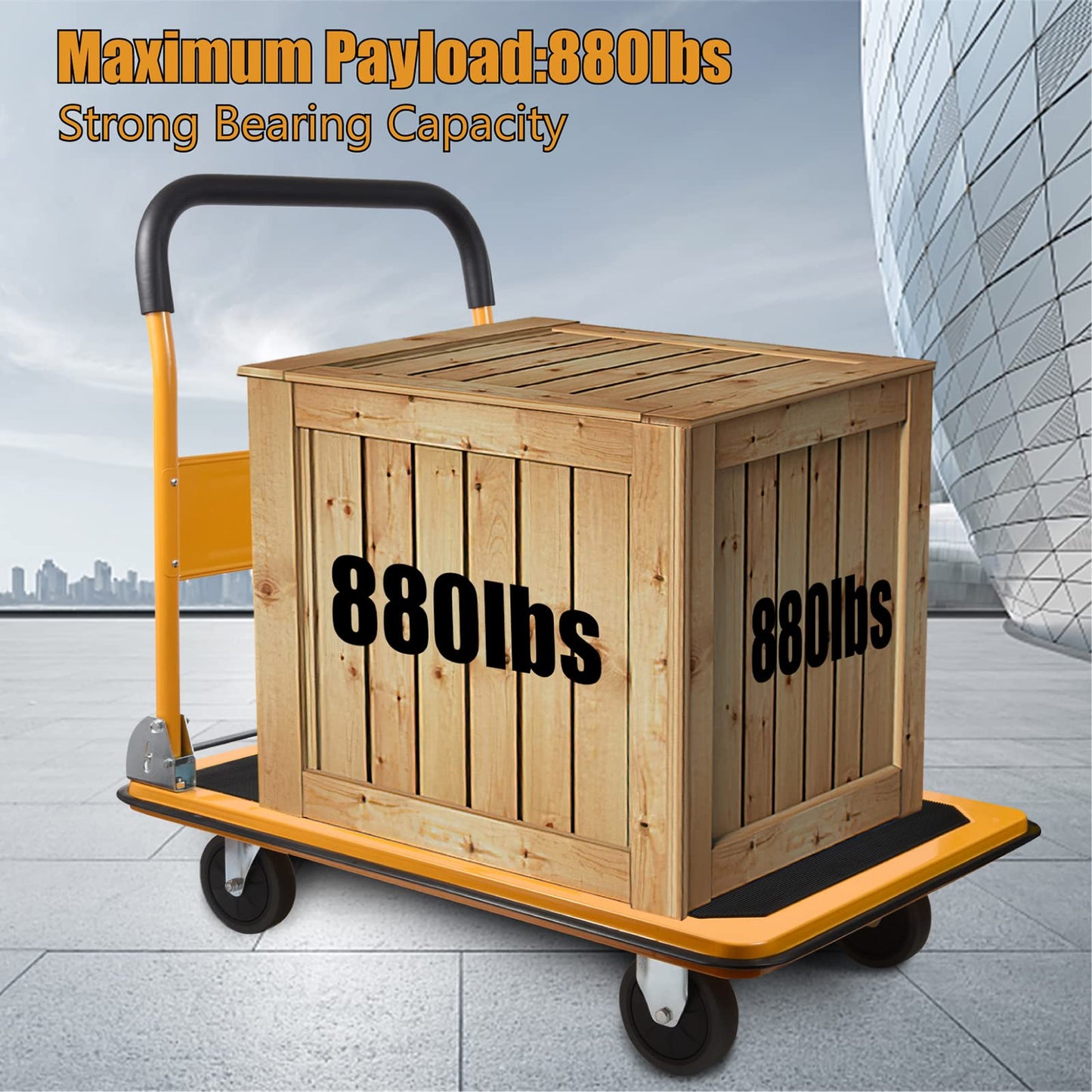 LEADALLWAY Platform Truck Large Size 880lbs 35.8x24x34.3inches Yellow with 2 Rope+Collapsible Service Cart