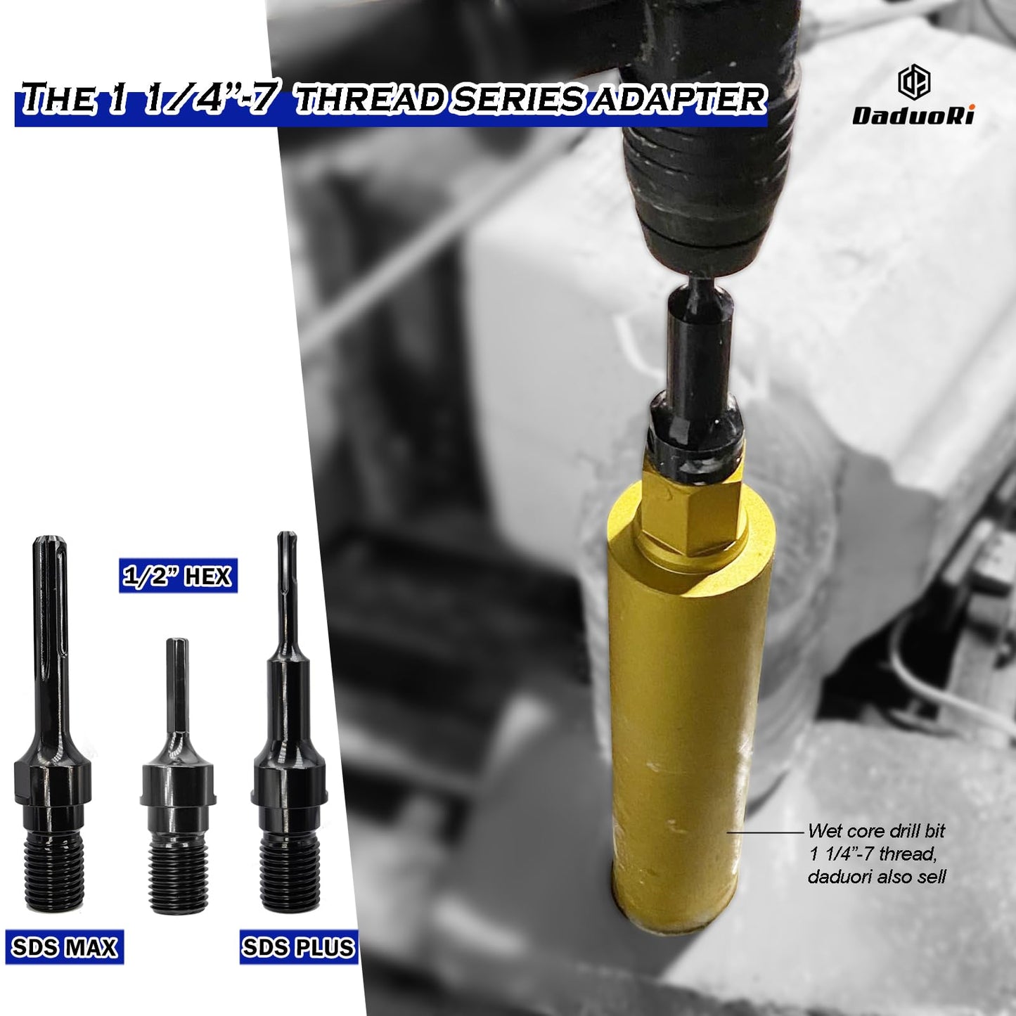 DaduoRi 6" Wet Core Drill Bit & SDS Plus Shank Drill Adapter - 6" Diameter Core Bits for Concrete, 14" Drilling Depth, 1-1/4"-7 Thread Diamond Core Bit for Cured Concrete, Masonry, Brick
