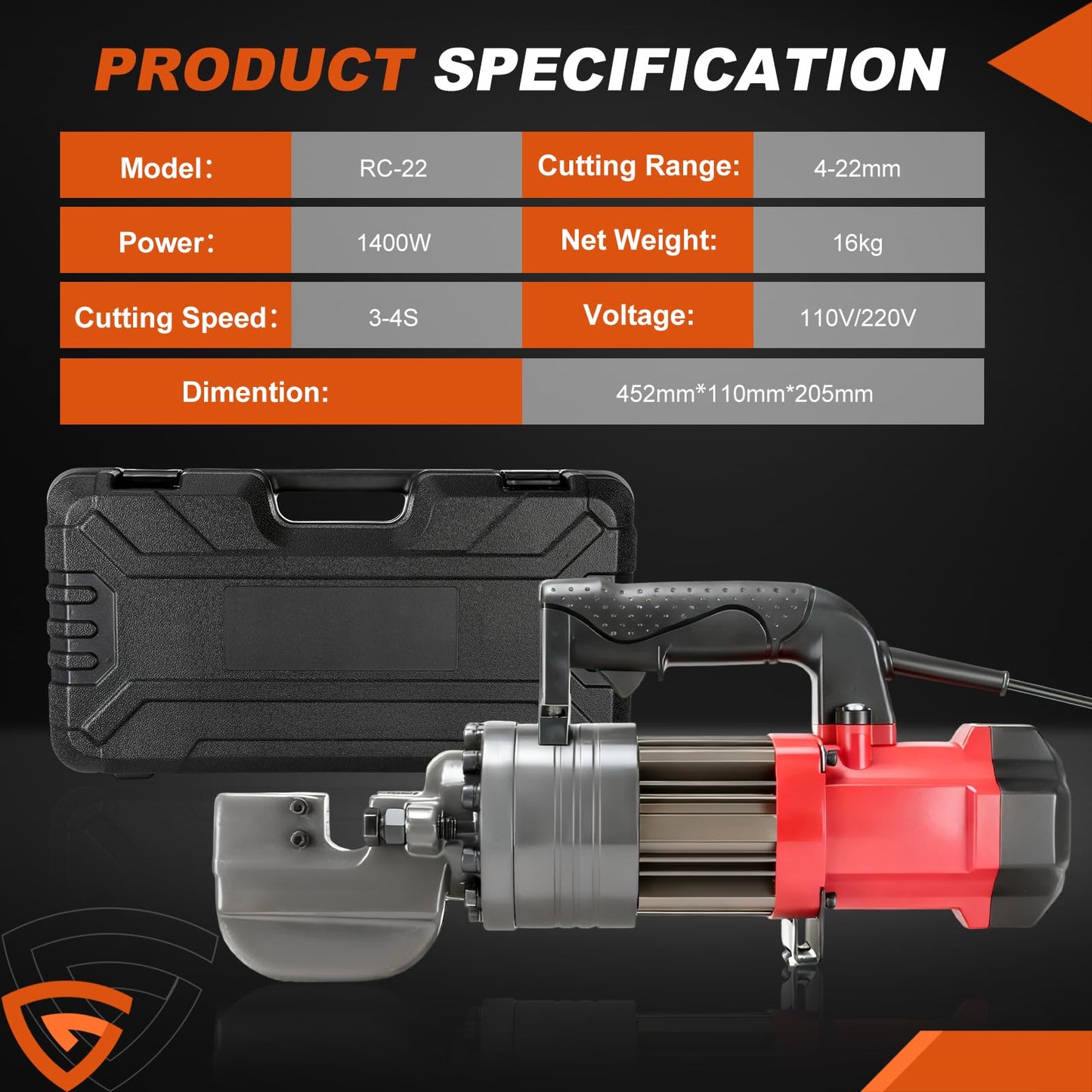 1400W Electric Rebar Cutter, 7/8" Hydraulic Portable Rebar Cutter 3-4s Cutting Speed Cuts 4-22mm #7 3/8" 5/8" up to 0.87" Rebar/Steel, RC-22,with Easy to Carry Box