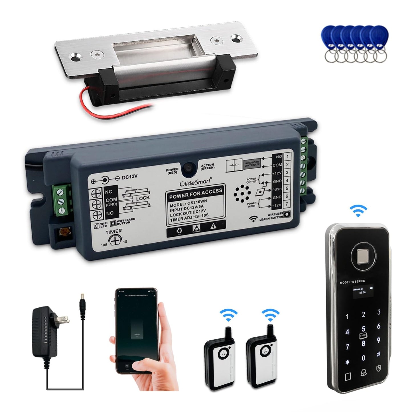 Olideauto Front Door WIFI Smart Fingerprint Electronic Card ReadersKit,Wireless Access Control Locking Kit for Home Office Door,with Wireless Fingerprint Access Keypad+Electric Strike+Wireless FoB Key