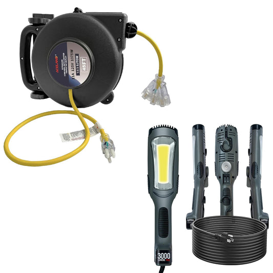 14 Gauge 45 FT SJTOW Retractable Extension Cord, Heavy Duty Power Cord, 11 Amp 125V 1375W with 3000 Lumen 25ft 116AWG 3C SJTW Cord Handheld Outdoor Work Light for Garage, Workshop, Car Repair Scene