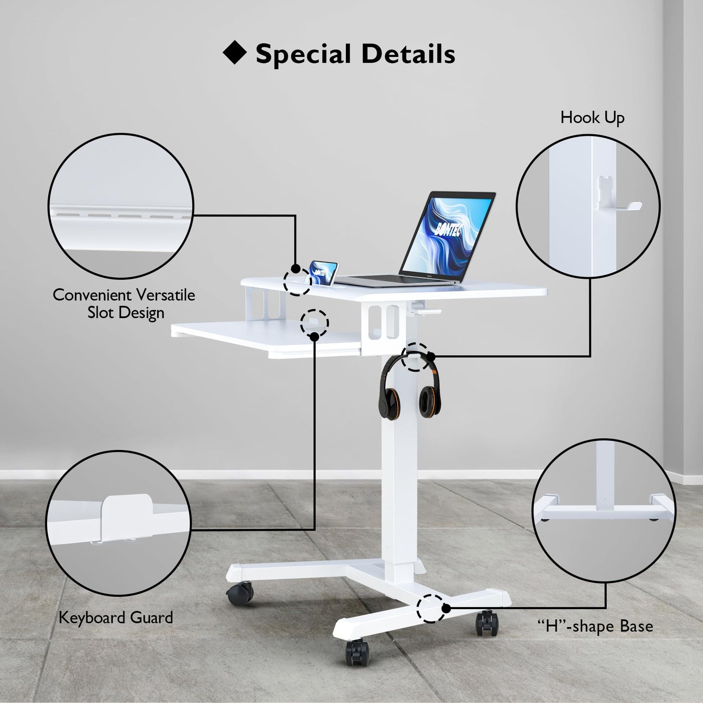BONTEC Mobile Standing Desk with Keyboard Tray, Mobile Podium, Rolling Laptop Sit Stand Desk on Wheels, Adjustable Height Up to 33lbs, Portable Computer Workstation Cart for Living Room, Office, White