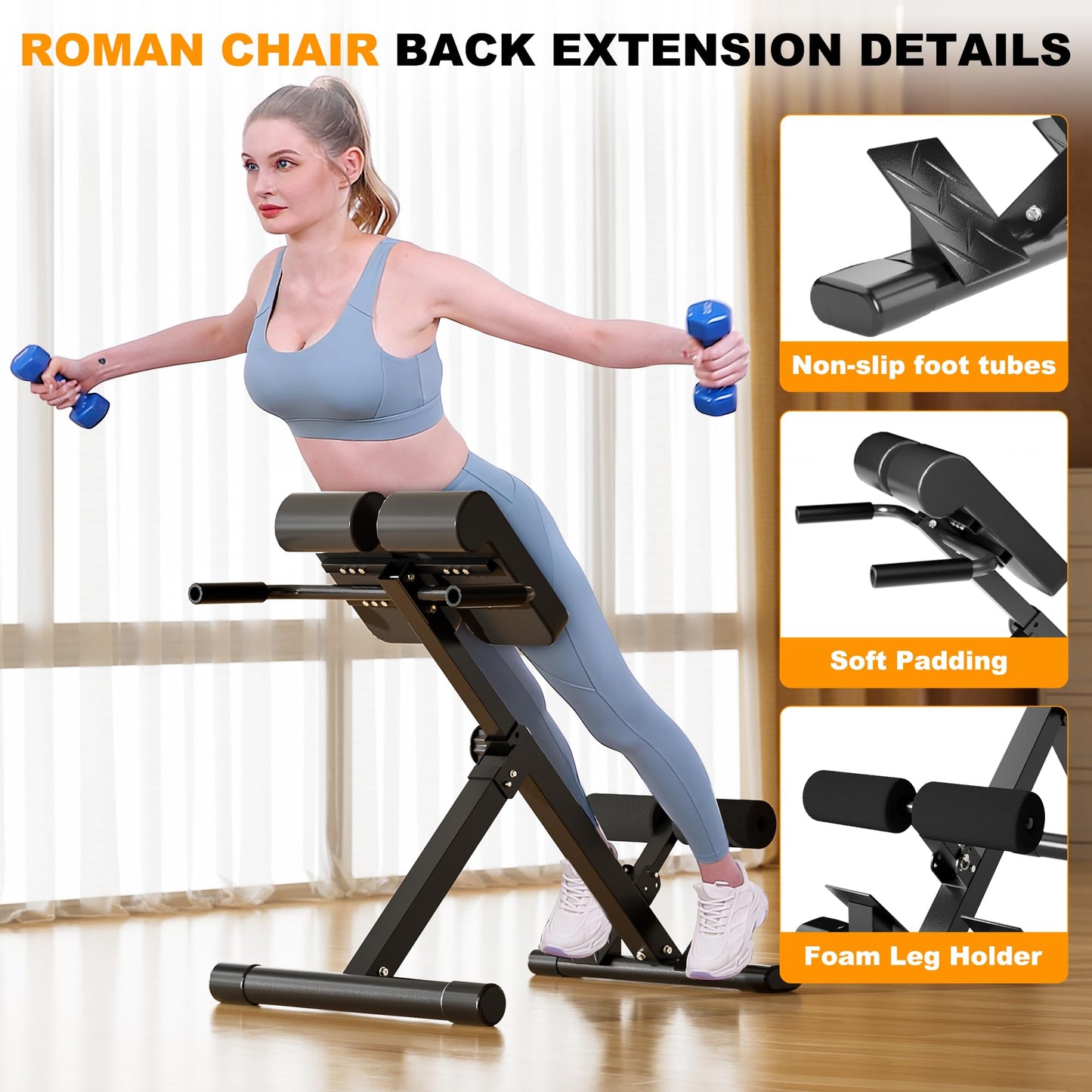 SIRHOME Adjustable Roman Chair with 330 lb Capacity, Foldable Incline Hyperextension Bench, Multi-Function Home Gym Back Extension Machine for Glutes, Hamstrings & Lower Back Strength Training