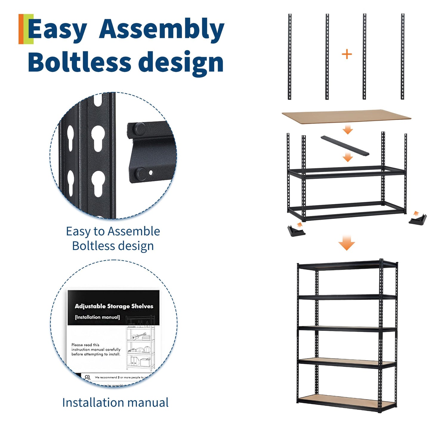 Garage Storage Shelves 5 Tiers, Heavy Duty Storage Shelving Racks with 2500 LBS Capacity, 48 " L x 18 in W x 72 in H Metal Adjustable Shelving Unit for Kitchen Pantry Basement Bathroom Laundry