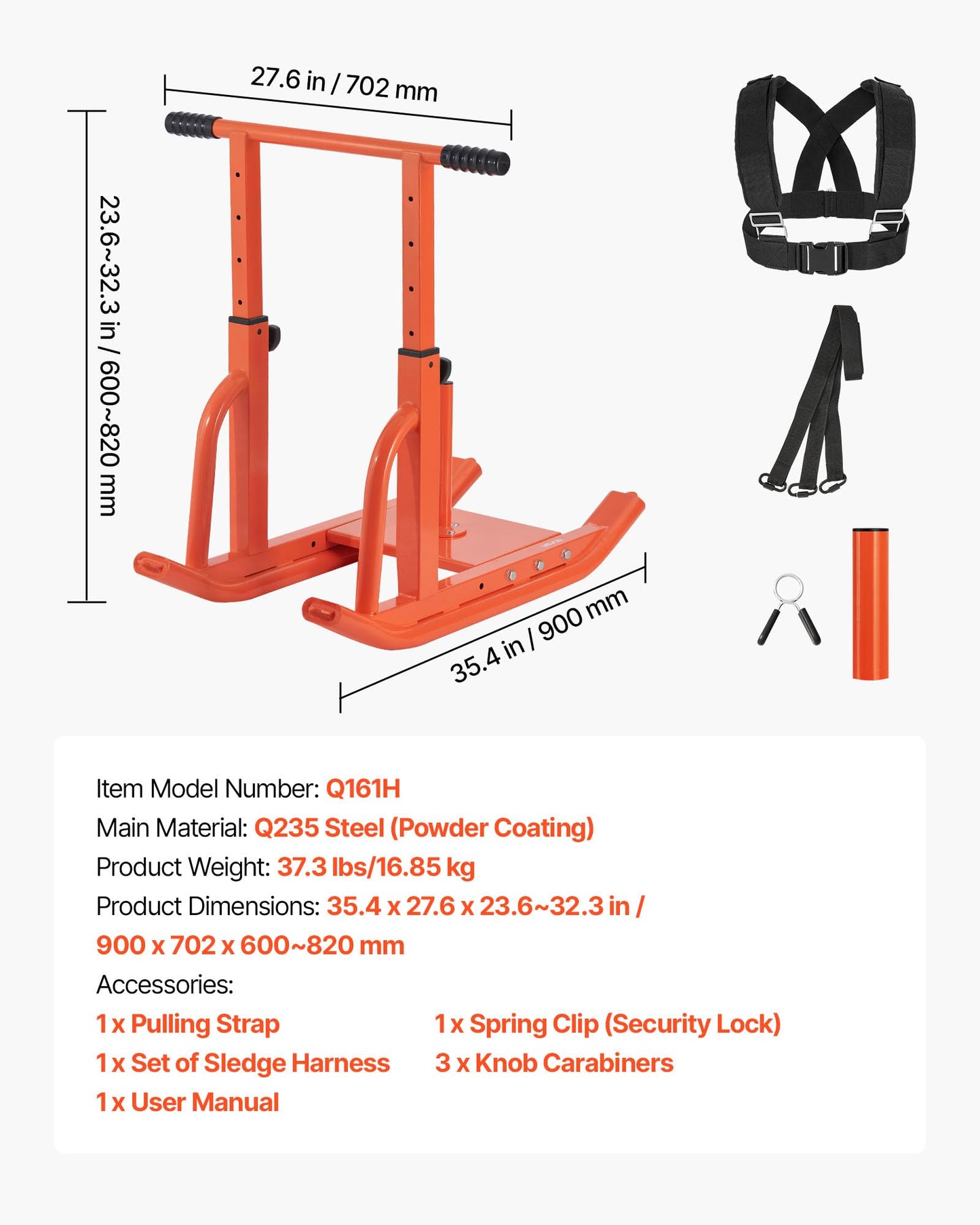 VEVOR Weight Sled, Fitness Training Pull Push Running Sled, Fitness Workout Sled Push Gym Equipment, Adjustable Height Handle, Compatible 1/2 in Weight Plates, Orange, Football Sleds and Chutes