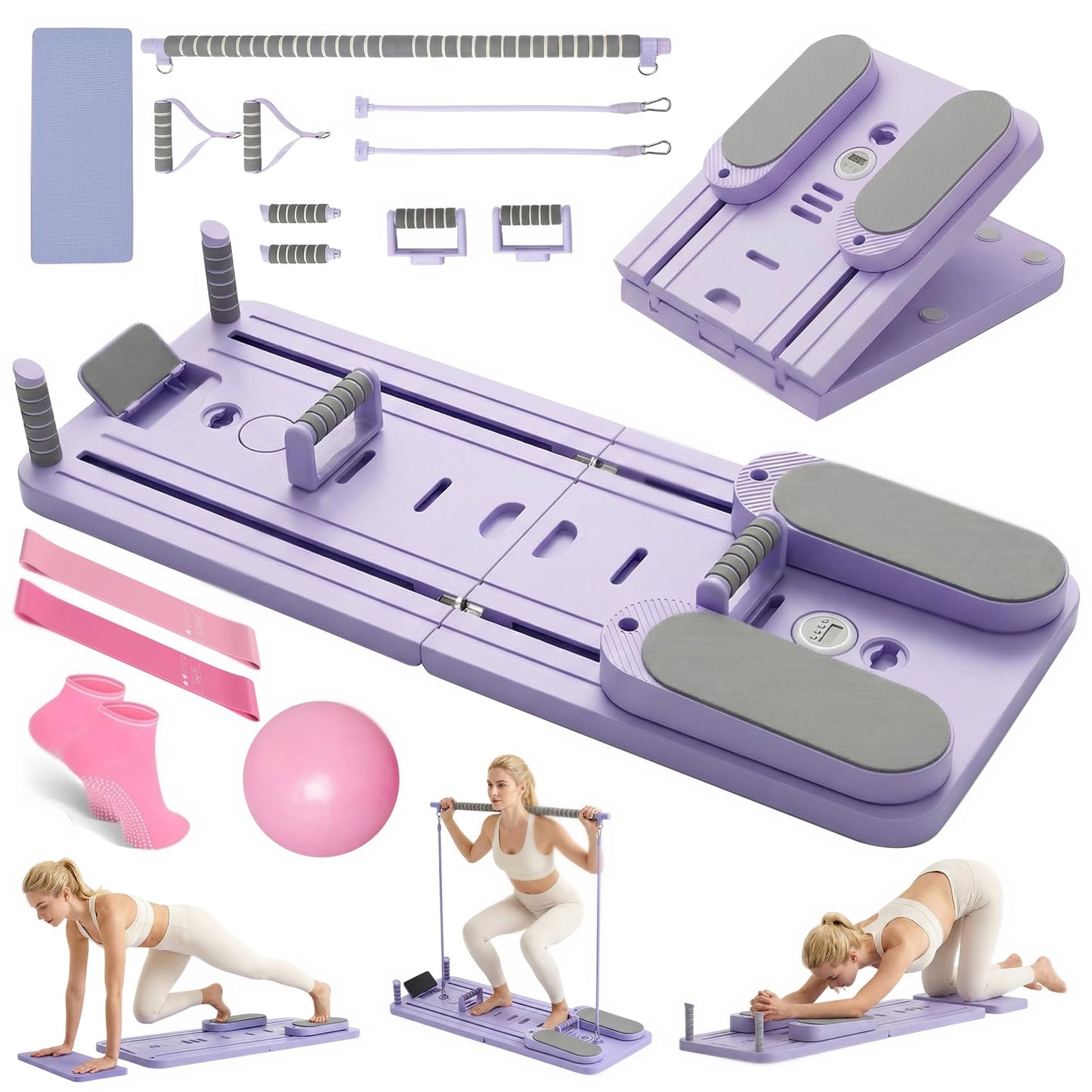 Foldable Pilates Board for Small Spaces - Portable Pilates Reformer Machine with Non-Slip Base & Smart Timer - All-in-One Home Pilates Kit for Beginners, Postpartum Recovery & Strength Training