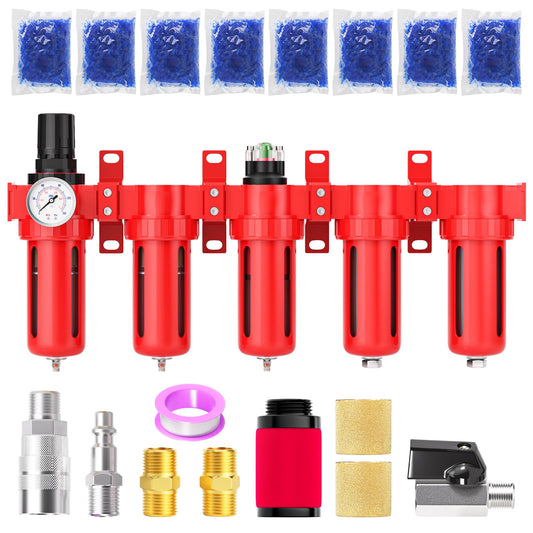 MEANLIN 3/8" NPT Industrial Grade 5 Stage Aluminum Air Drying System,Double Coalescing Filter,Particulate Filter,Double Desiccant Dryer and Air Regulator,Manual Drain For Plasma Cutter and Paint Spray