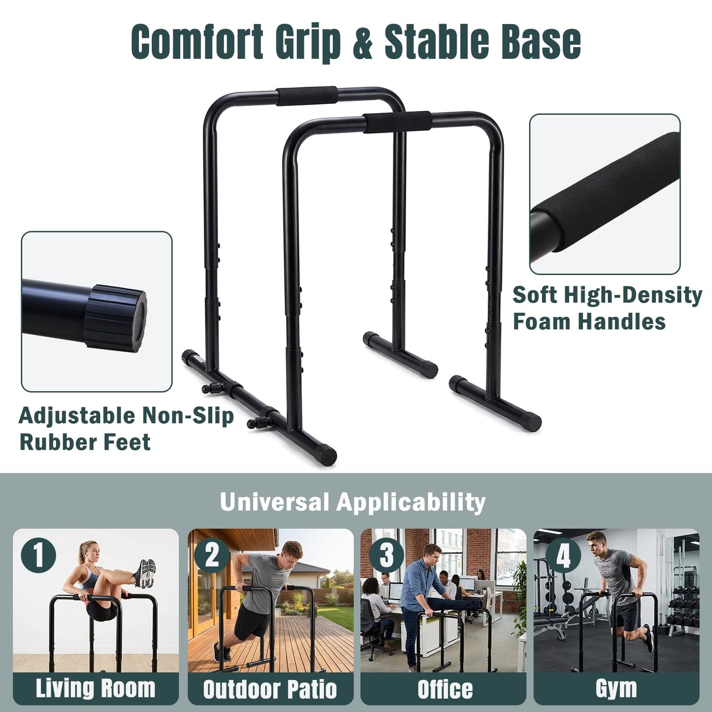 OLIXIS Dip Bar, Adjustable Heavy Duty Dip Bar Station with Soft High-Density Foam Handles, Stabilizer Parallel Parallette Bar Fitness Equipment for Home, Gym, Patio, Office