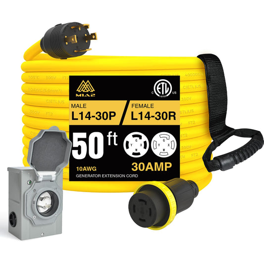 M1A2 30 Amp 4 Prong Generator Cord and 30 Amp Pre-Drilled Inlet Box Heavy Duty NEMA L14-30 SJTW 125/250V 7500W 10 Gauge House Power ETL Listed 50FT Extension Cord Blackout Emergency Hurricane