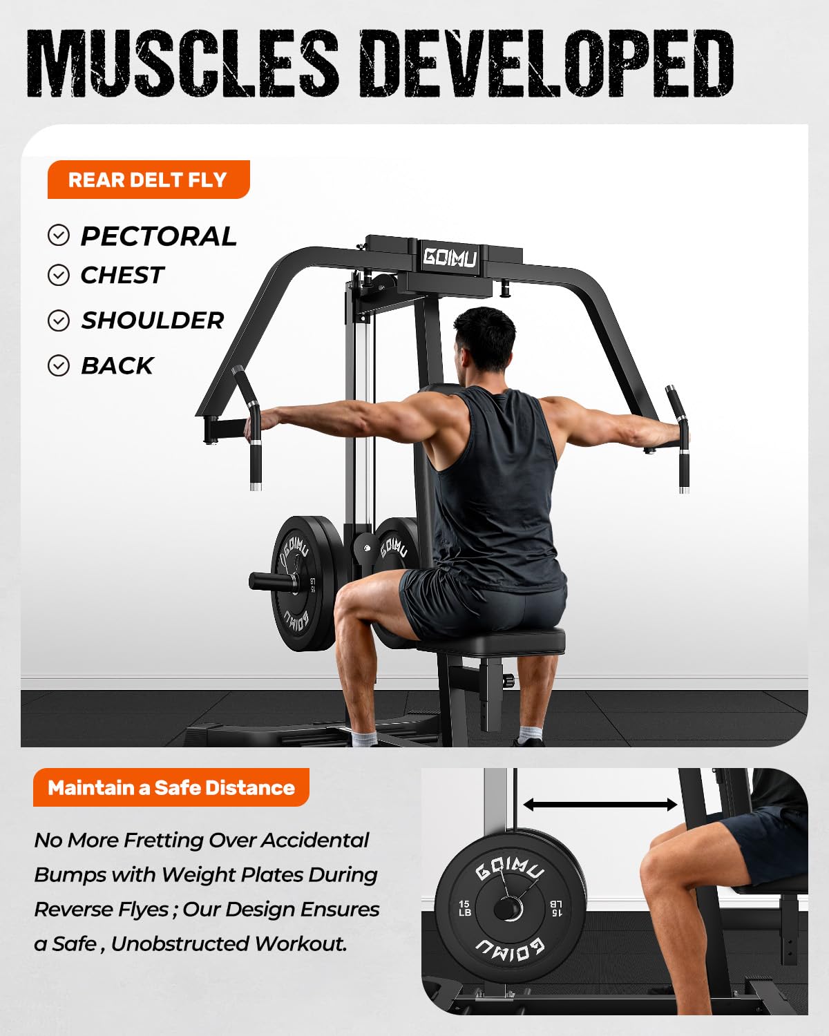 GOIMU Chest Fly Machine, CF01 PEC Fly and Reverse Delt Machine, Adjustable Upper Body Workout Equipment for Pectoral and Rear Deltoid, Chest Machine with Band Pegs for Home Gym