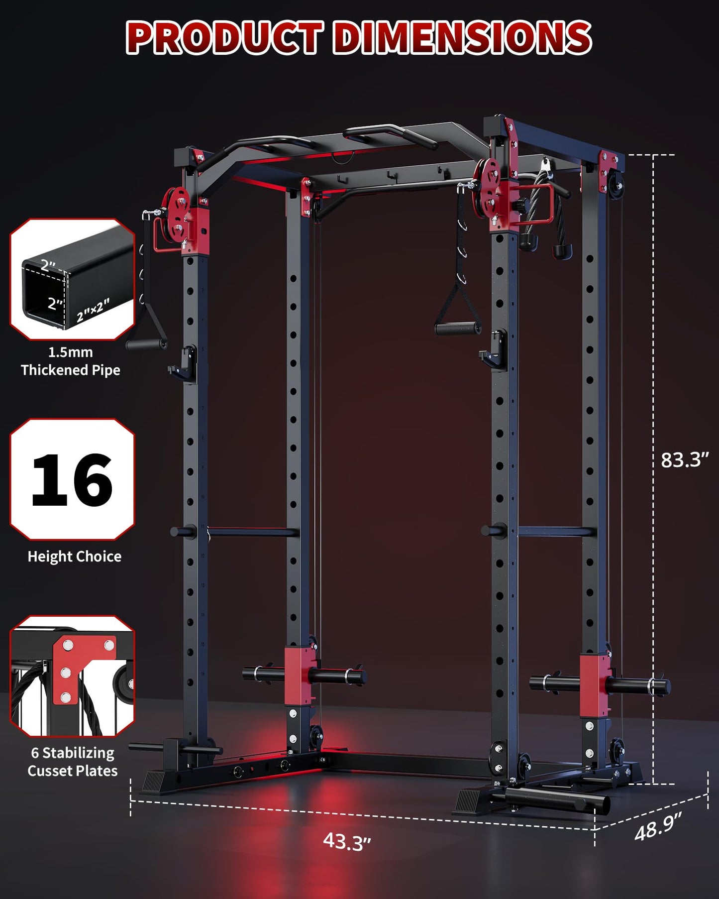 GarveeLife Power Cage, Power Rack with Cable Crossover System, 2000LBS Squat Rack with LAT Pull Down System, Workout Cage with Pulley System for Fitness Home Gym Strength Training(Red and Black)