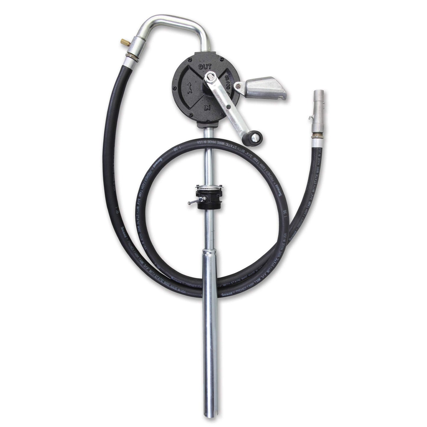 Groz Industrial Rotary Fuel Pump, FM-Approved Cast Iron, 3-Vane, 38 LPM/10 GPM, 8 ft Anti-Static Hose, Aluminum Nozzle, Vacuum Breaker & Flame Arrestor, 2 in Bung, Fits 15-55 Gal Drums (44082)