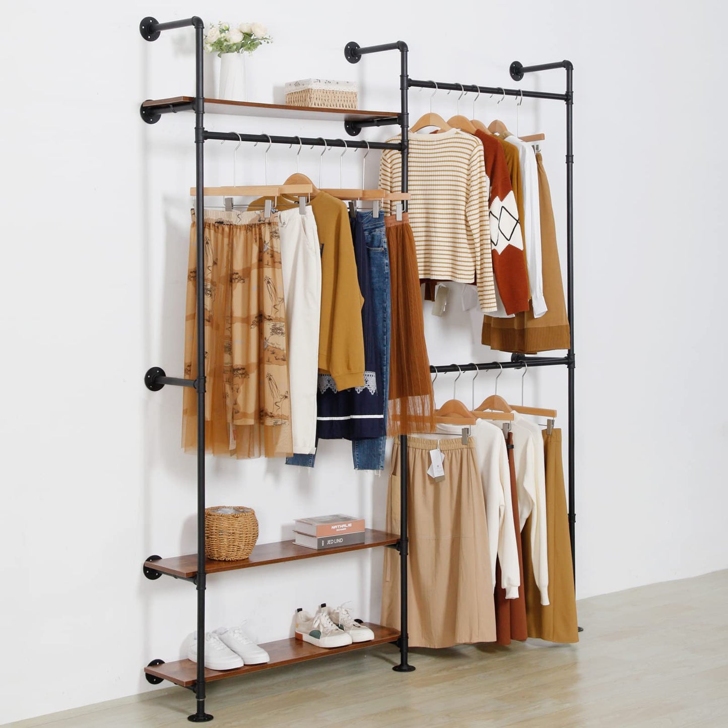 EDCB Clothes Rack Wall Mounted Clothing Rack Heavy Duty Metal Garment Rack Hanging Clothes Rack, Closet Hanger Rack with Shoe Rack (Black, 92.1X76.8inch)