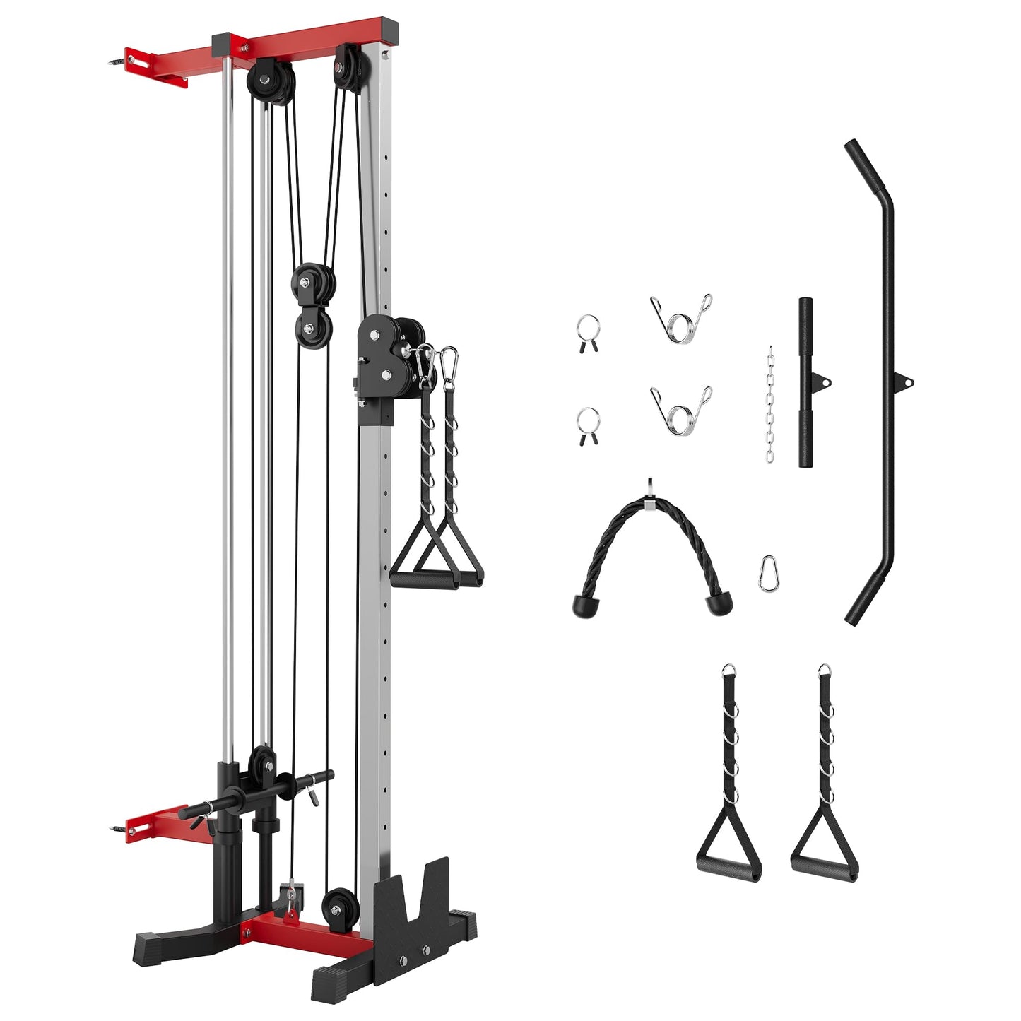 Wall Mount Cable Station – Dual Pulley Cable Crossover Machine with 18 Adjustable Positions, Tricep Rope, T-Bar, LAT Pulldown Bar & Foot Board for Home Gym Strength Training