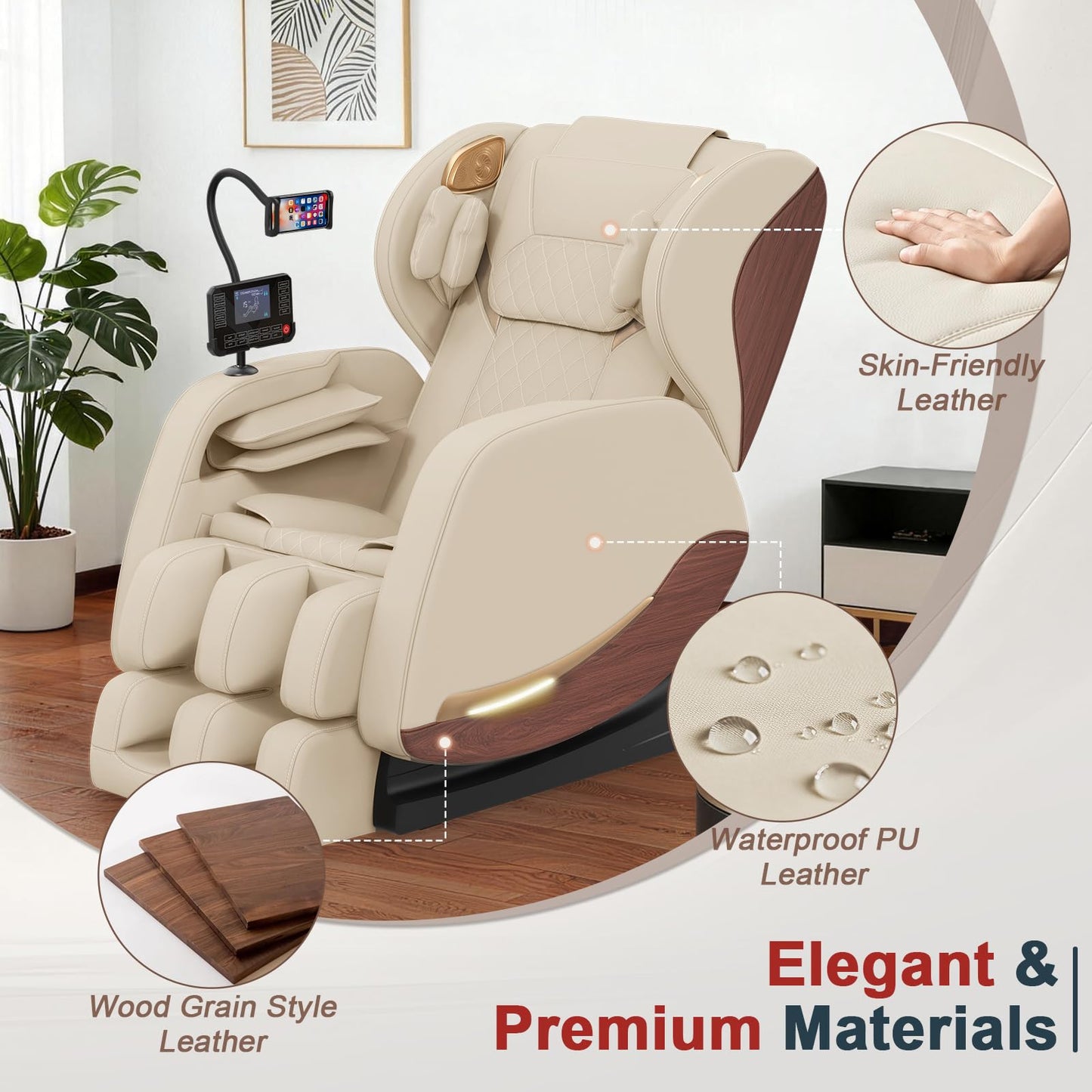2026 Massage Chair, Massage Chairs Full Body and Recliner with 10 Fixed Points, Zero Gravity, Wood Grain Leather, Foot Massage, Airbags, Lumbar Heating, Bluetooth and Control Screen (Ivory White)