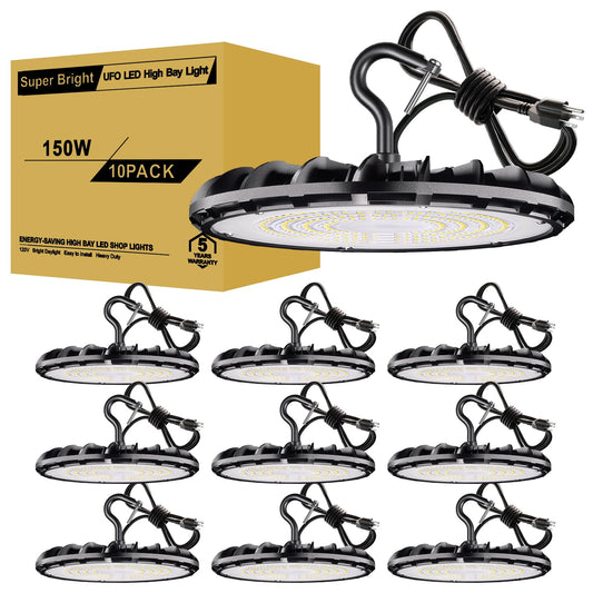 JC-LGL UFO LED High Bay Light 150W 10Pack, High Bay Shop Lights 16,500Lm 5000K with US Plug, Hanging Hook, Safe Rope, IP65 Waterproof Commercial Bay Lighting for Warehouse Factory Barn Shop UL Listed