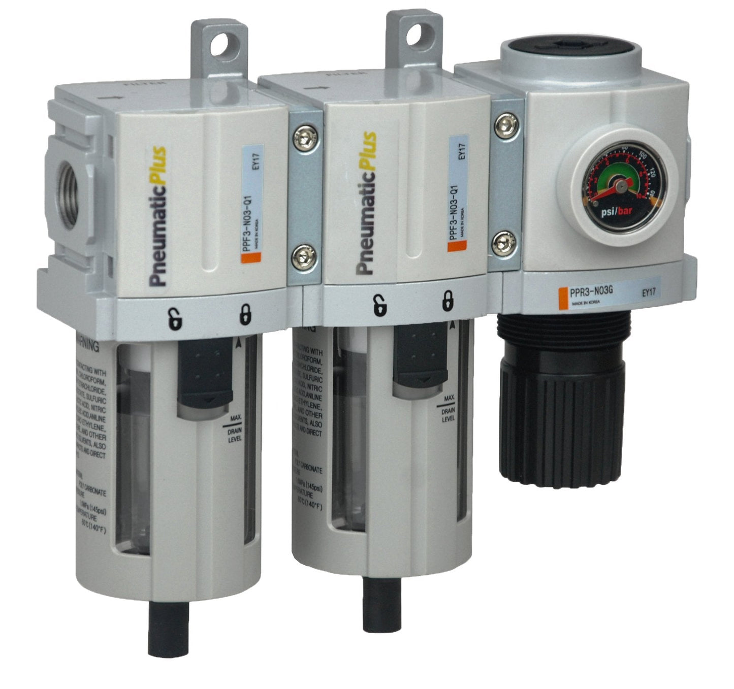 PneumaticPlus PPC3C-N02G Compressed Air Drying System- Particulate Air Filter, Coalescing Filter & Air Pressure Regulator Combo 1/4" NPT (High Flow), Poly Bowl with Guard, Manual Drain