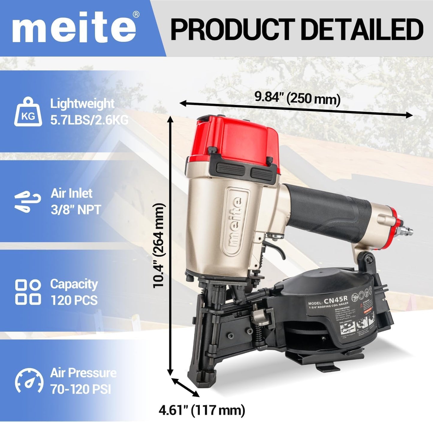 meite CN45R Coil Roofing Nailer Kit with 1-1/2 Inch Coil Roofing Nails, Pneumatic Roofing Nail Gun for Asphalt Shingles Underlayment Decking Roof Repair, 2,880PCS