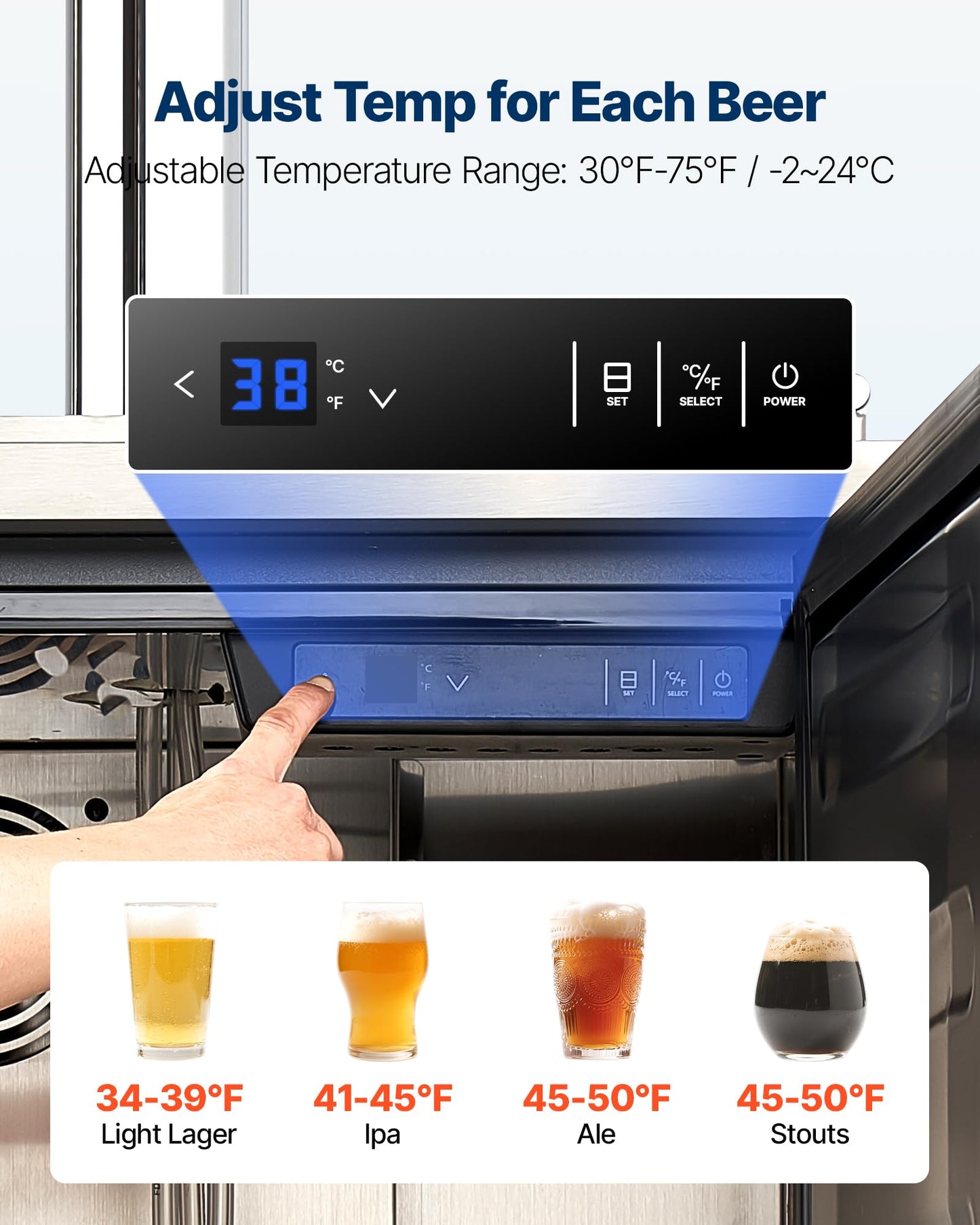 VEVOR Beer Kegerator, Triple Tap Commercial Draft Beer Dispenser for D system, Full Size Keg Refrigerator with 5lbs CO2 Tank, Hold 3 Sixth/2 Slim/3 Ball lock keg (3 taps - D system - stainless steel)