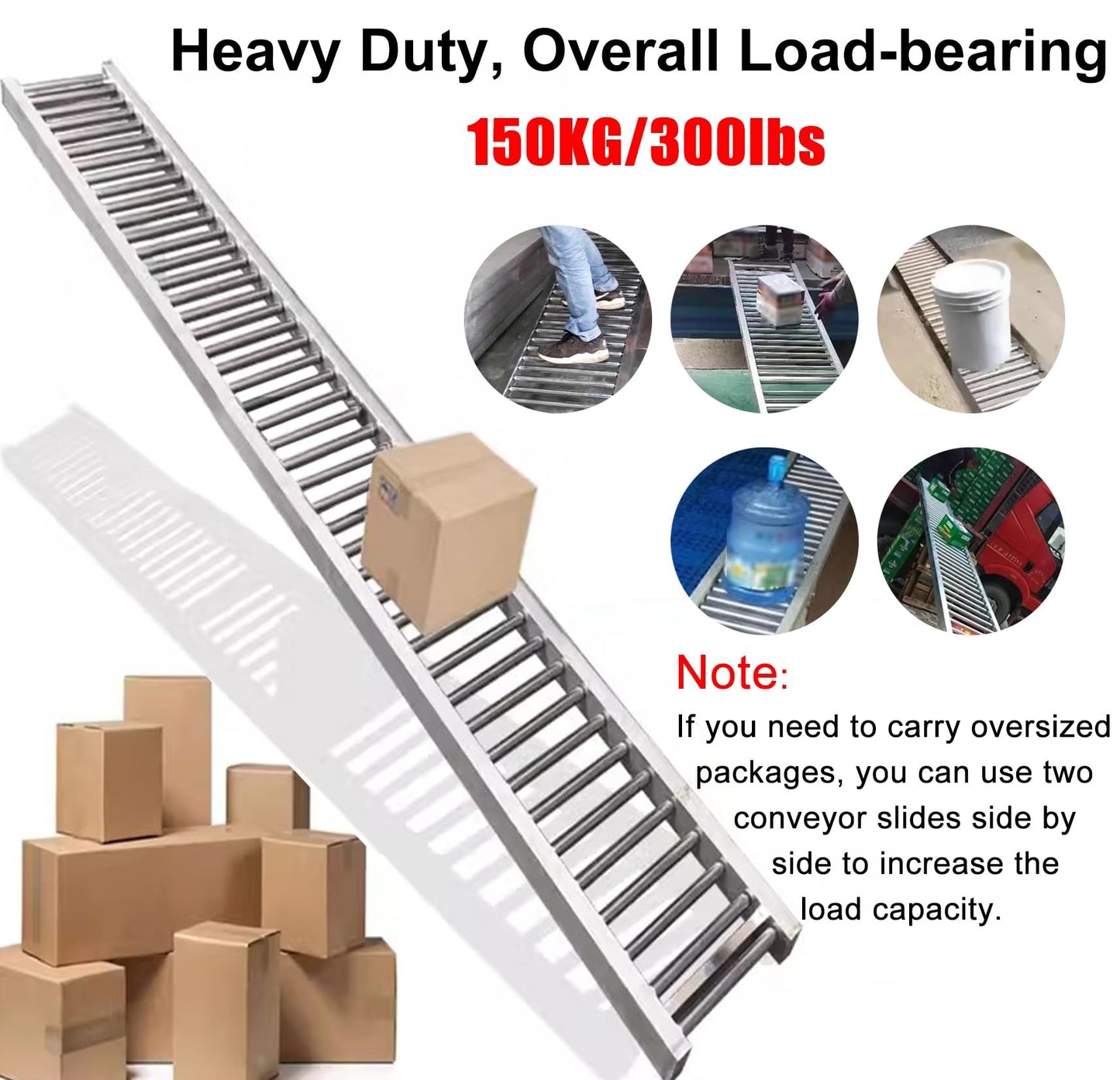 Adjustable Height Stainless Steel Gravity Conveyor for Warehouse Freight Handling & Unloading - Durable Rollers for Logs, Cartons & Woodworking - Silver, 40cm Width