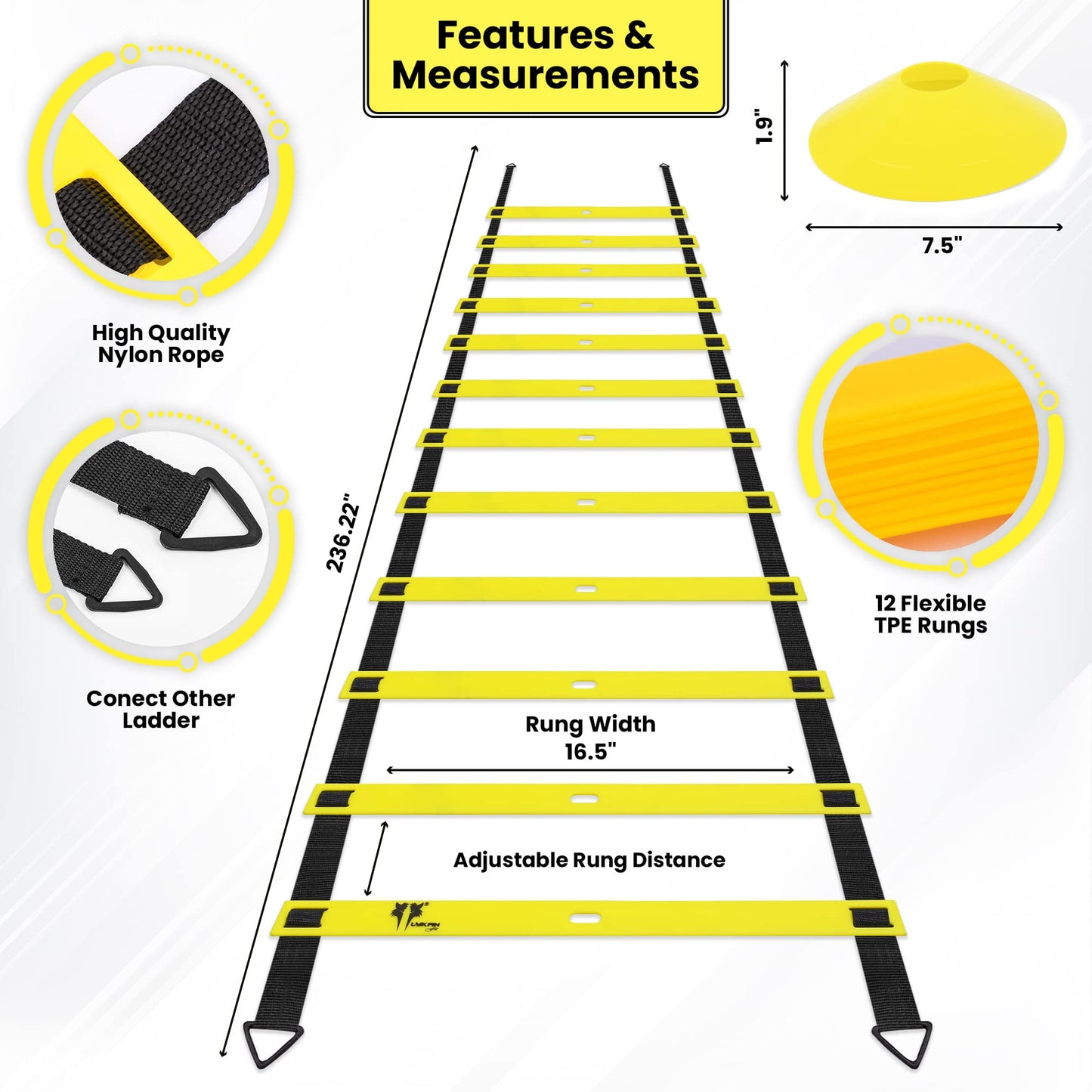 LYKAN FIT 20ft Sports Agility Ladder for Men Women and Kids, Speed Youth Soccer Agility Training Equipment for Football, Exercise, Tennis, Legs Workout with Speed Parachute and Carry Bag