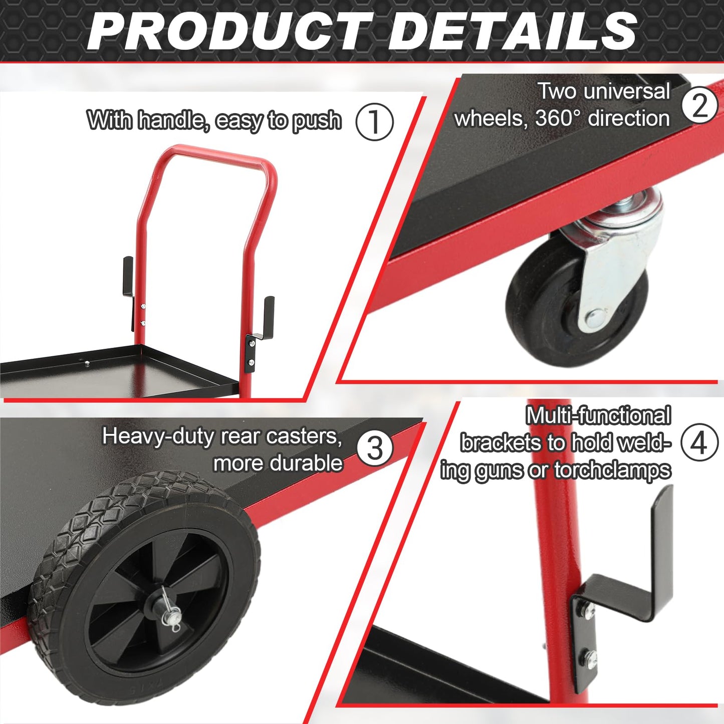 BBTO Welding Cart 2-Tier Welder Cart Heavy Duty 440 Lbs with Tank Safety Chains Welding Equipment Accessories for Tig Arc MMA Plasma Cutter Machine (Classic Style, 39 × 18 × 43 Inch, Black and Red)