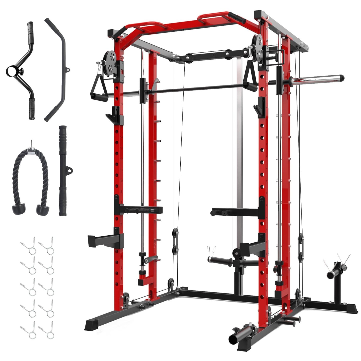 Garvee Power Cage, Smith Machine Squat Rack, Heavy Duty Power Rack for Home Gym with Pulley System, Dip Bar, LAT Pulldown, Multifunctional Squat Rack for Home Gym