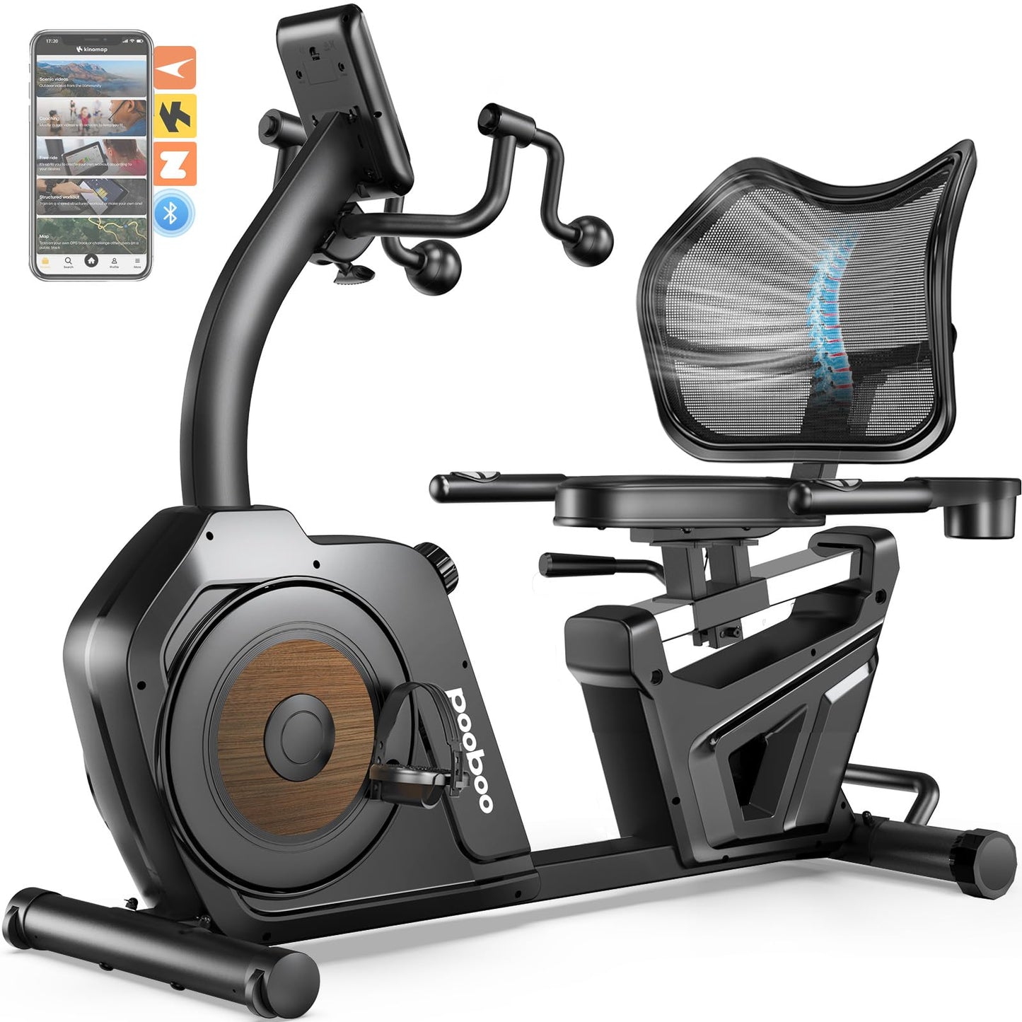 pooboo Recumbent Exercise Bike, Stationary Bikes for Home with Arm Exerciser, Magnetic Recumbent Bike with Ergonomic Backrest & Comfortable Seat, Smart APP, Pulse Sensor, 400LBS Weight Capacity