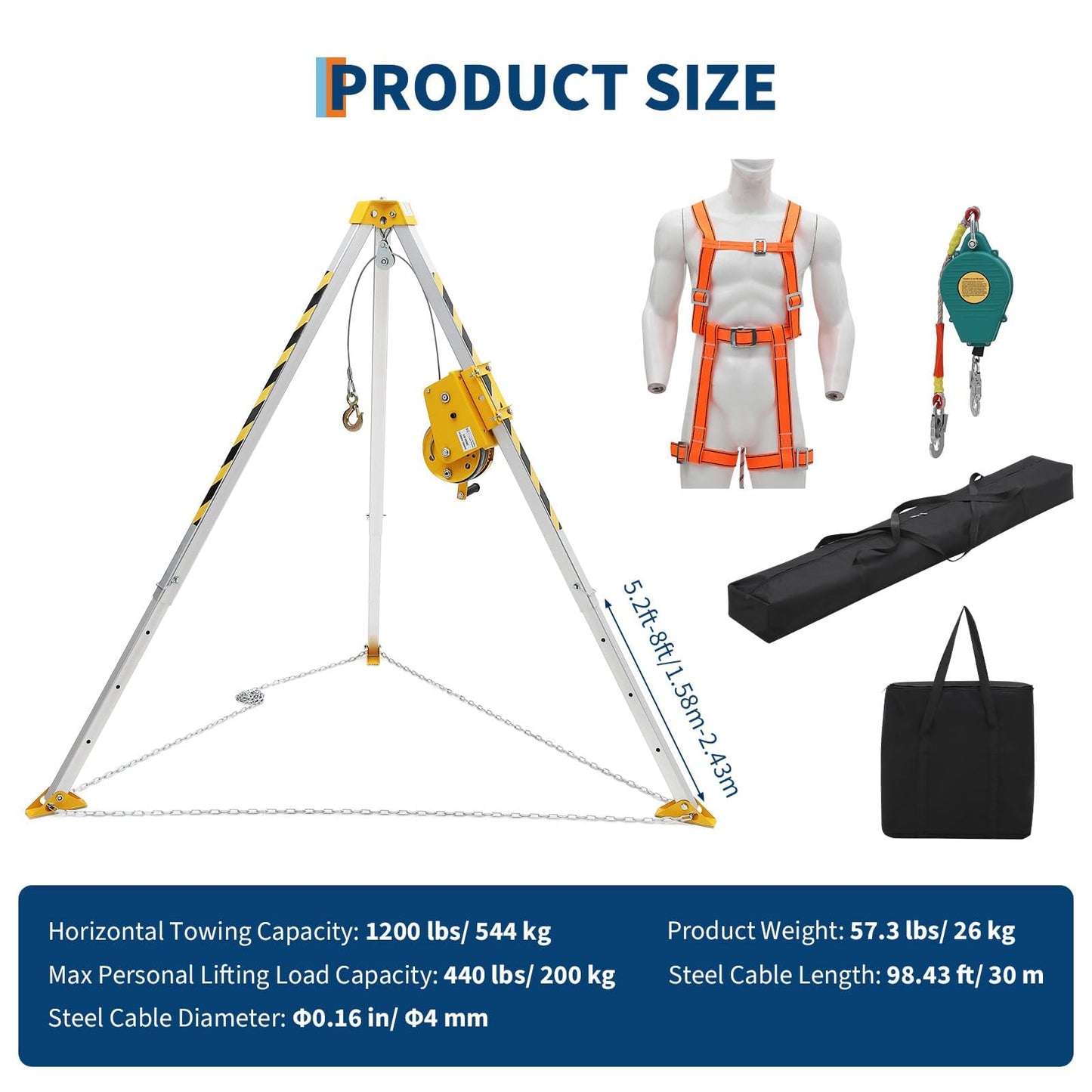 Adjustable Confined Space Tripod Kit with 1200 Lbs Winch, 8-Foot Legs, 98-Foot Steel Cable, 33-Foot Fall Protection, Safety Harness, and Storage Bag for Rescue and Safety Operations