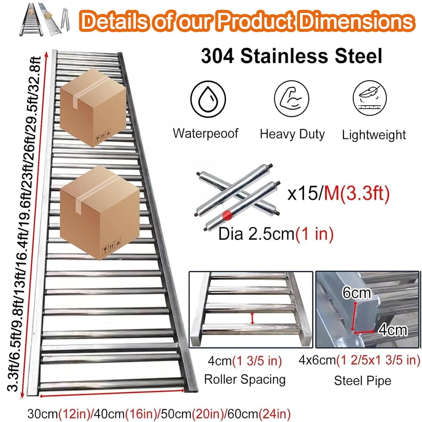 Heavy Duty Adjustable Gravity Conveyor Roller for Warehouse Unloading, 3.3 to 33ft Lengths, 16in Width, Versatile Height Stand for Efficient Material Handling