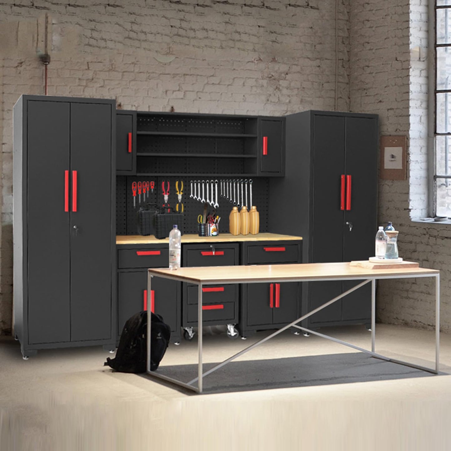Torin Garage Storage Cabinets System, 8-Pcs Workshop Cabinet Set in Black, Included Steel Cabinets Drawers Rolling Chest and Pegboard,Locked Garage Storage Cabinet