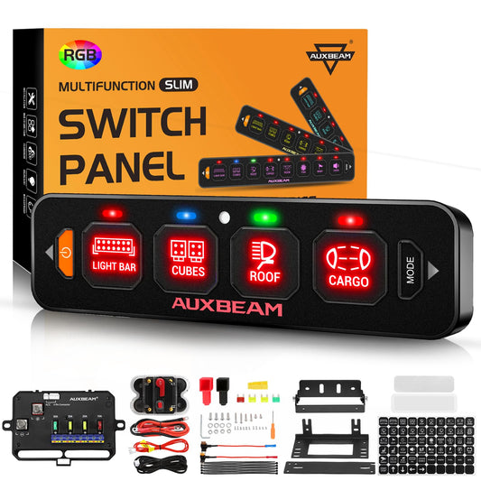 Auxbeam 4 Gang Slim Switch Panel RGB AS-R40 Automatic Dimmable Switch Panel with Toggle Momentary Pulsed Off Backlight Unique Patented Design Control Panel for Truck Offroad Boat, 3-Year Warranty