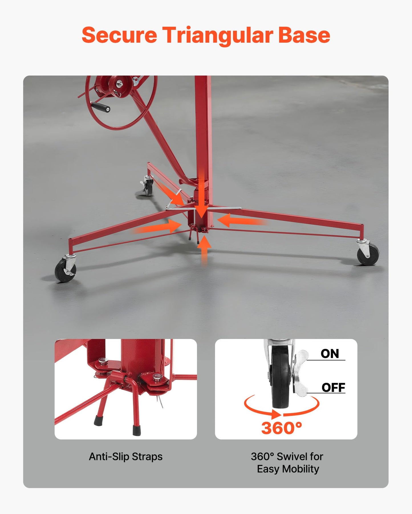 VEVOR 16ft Drywall Lift, Heavy-Duty 150 lbs Sheetrock Hoist with Adjustable Telescoping Arm, Lockable Wheels, Drywall Lifter Panel Jack Hoist Tools Ideal for Ceiling & Wall Installation (Red)