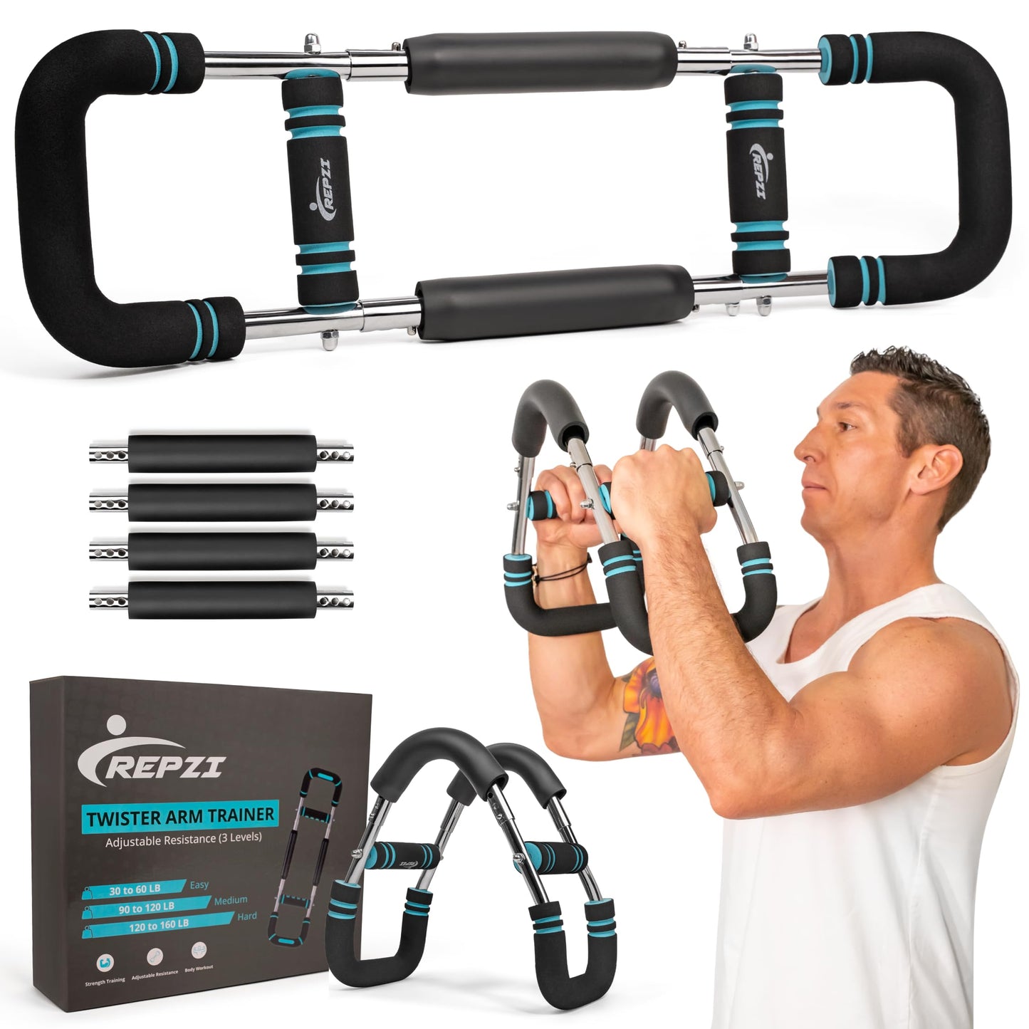 Premium Twister Arm Trainer by REPZI for Chest Workout Equipment 30 to 160 lb, Adjustable 3 Resistance Levels Arm Trainer for Men & Women, Home Gym Upper Body Workout Equipment with Gloves & Carry Bag