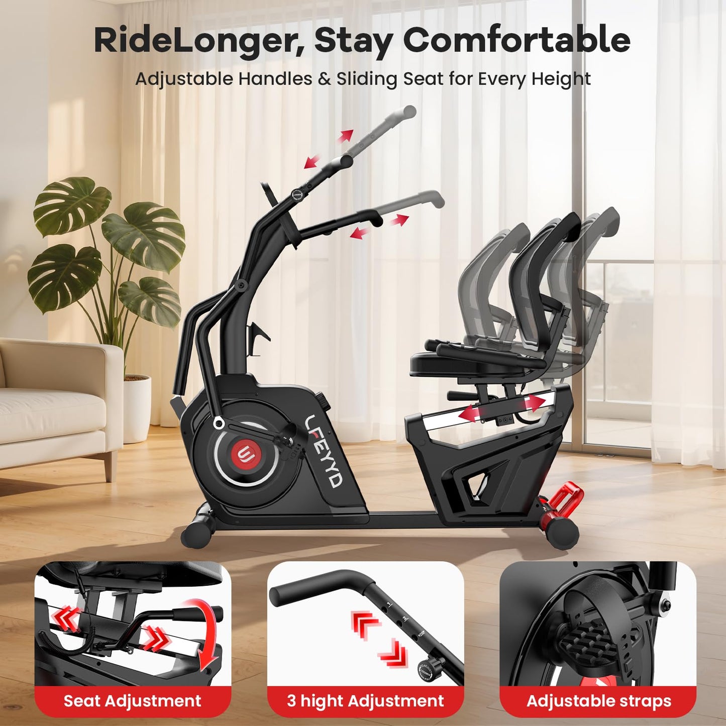 LFEYYD Recumbent Exercise Bike for Home, Stationary Bike with Arm Exerciser, 16-Level Magnetic Resistance, Bluetooth App, LCD Monitor, Heart Rate, Heavy-Duty Frame, Low-Impact Cardio & Physical Therapy, 450LBS Capacity (BIACK-Red)