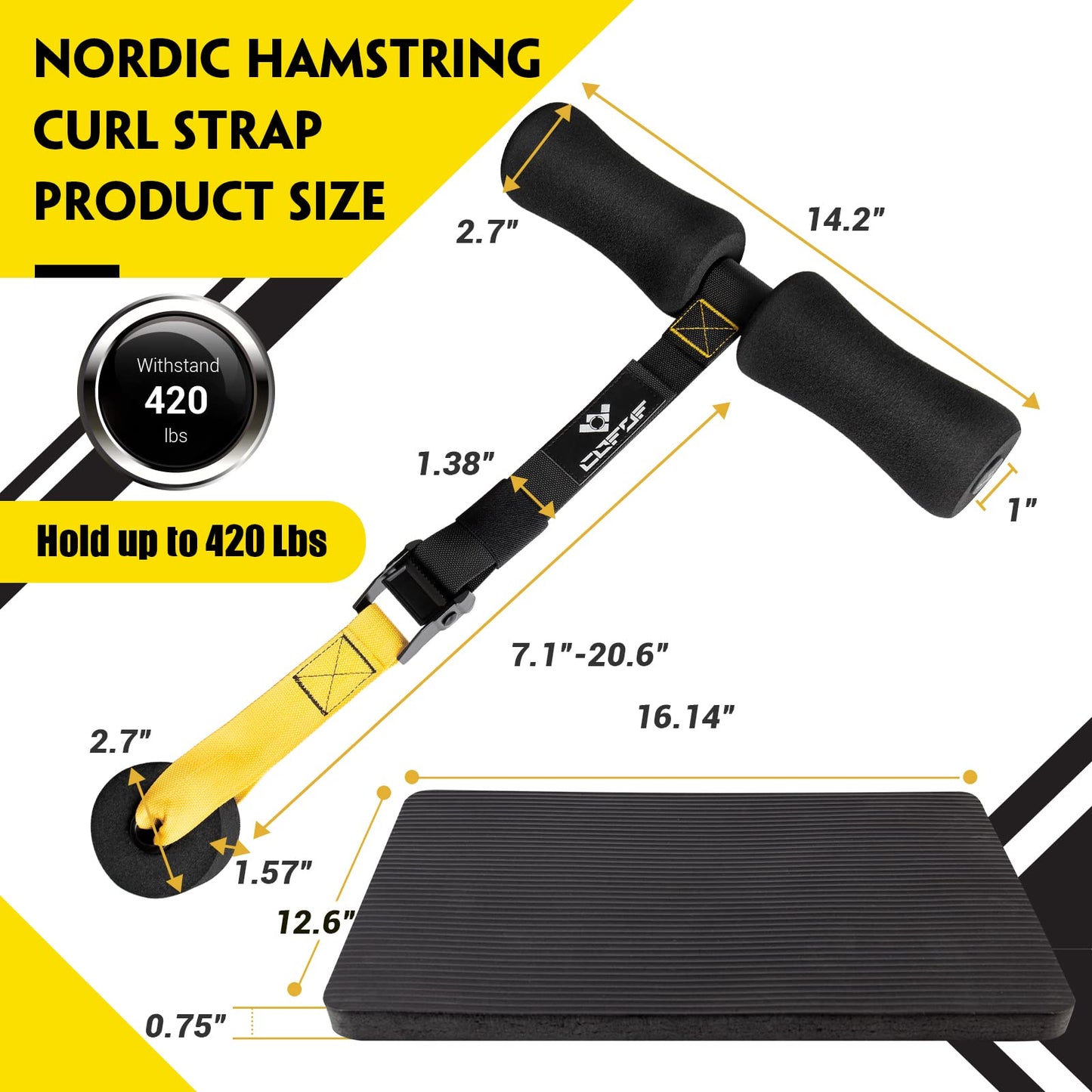 Nordic Hamstring Curl Strap with Fitness Knee Mat, Holds 420 Pounds for Hamstring Curls, Sit Up Bar for Floor, Spanish Squats, Ab Workout, 5 Seconds Setup Nordic Curl Home Fitness Equipment