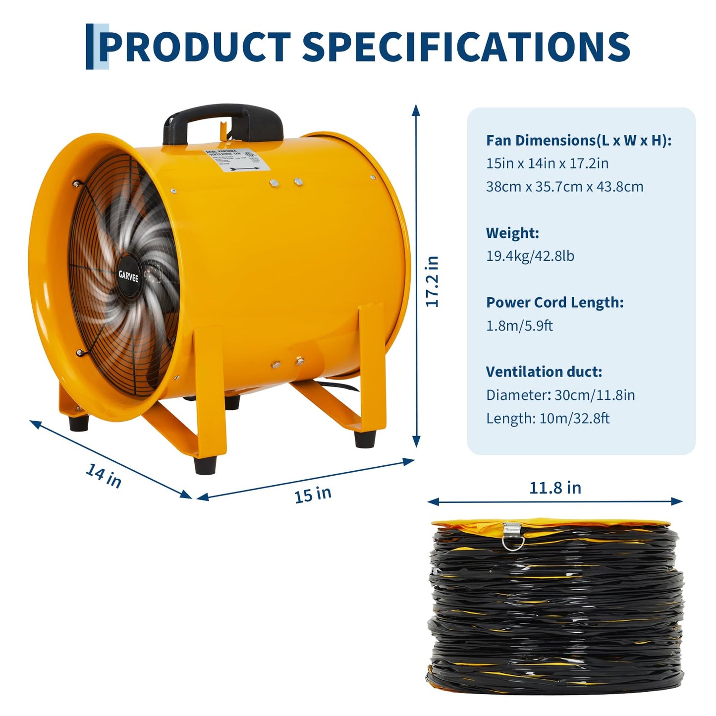 Garvee 12 Inch Heavy Duty Utility Blower Fan, 3500 CFM High Velocity Portable Industrial Exhaust Fan, with 32.8ft Vinyl Hose - Ideal for Crawl Spaces, Attics, Basements, Workshops, Garage