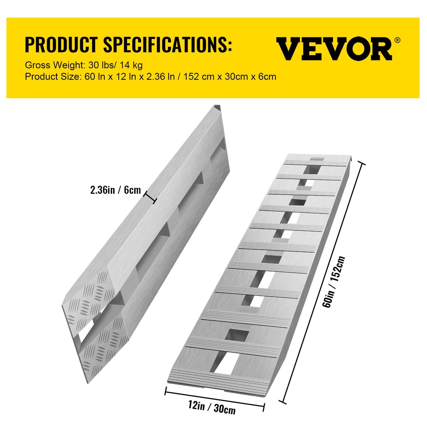 VEVOR Aluminum Ramps, 6000 lbs, Heavy-Duty Ramps with Top Hook Attaching End, Universal Loading Ramp for Motorcycle, Tractor, ATV/UTV, Trucks, Lawn Mower, 60" L x 12" W, 2Pcs