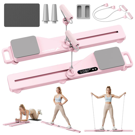 MERACH Pilates Board, Pilates Reformer Set with Timer and Resistance Bands, Portable Pilates Equipment for Home Workout, Ab Core Trainer Pilates Kit for Women and Beginners (Light Pink)