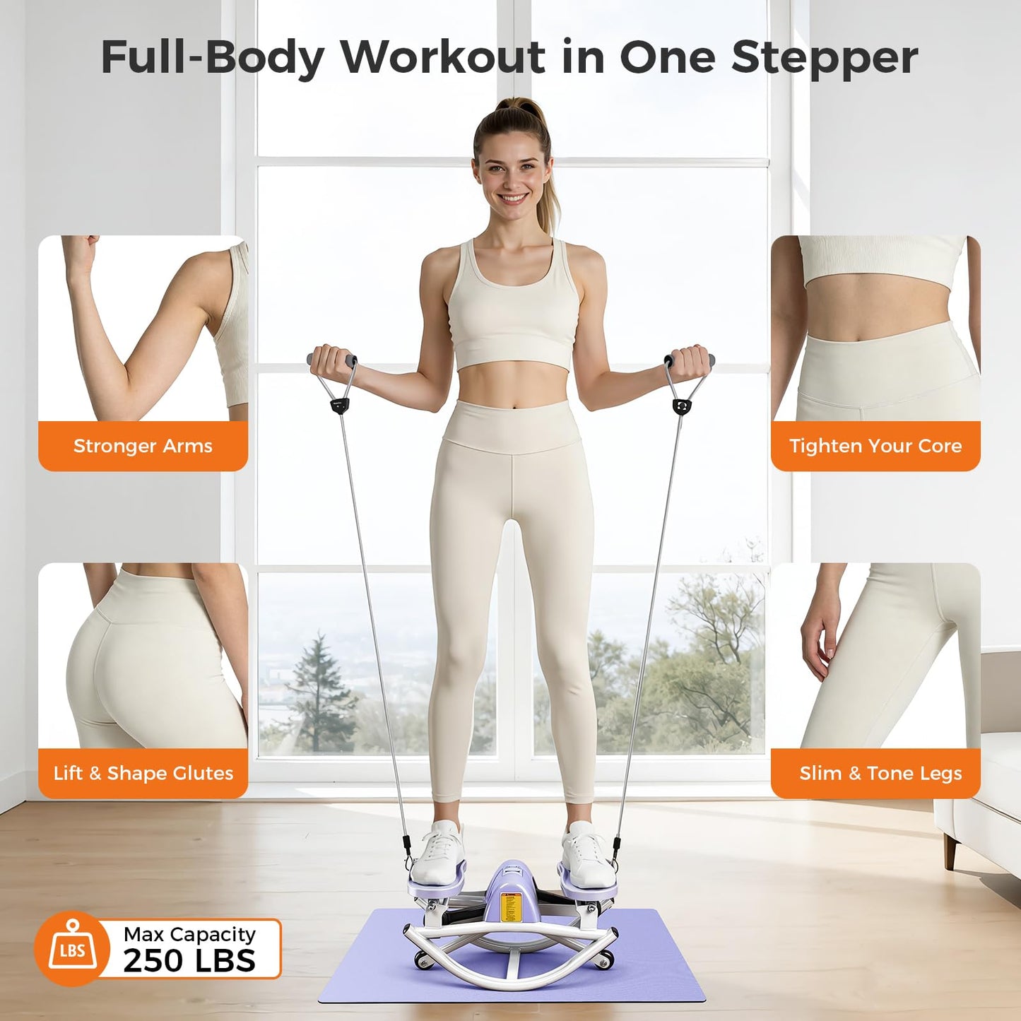 Rock Stepper Side to Side, Rocking Stepper with Lateral Motion, Compact Side Stepper for Home & Apartment, Low Impact Workout Machine with Resistance Bands & Non-Slip Mat (Purple)