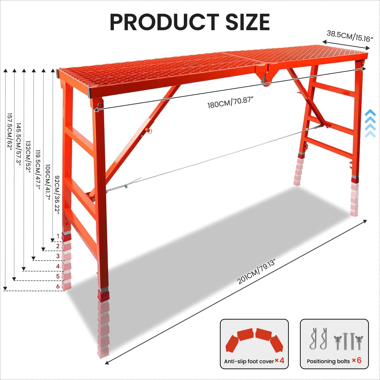 Foldable Scaffolding Platform, 70.8x15.2x36.2-62 Inch Welded Steel Work Platform, 770 Lbs Capacity, Adjustable Height Industrial Step Ladders, Ideal for Painting, Wiring and Home Decor, Red