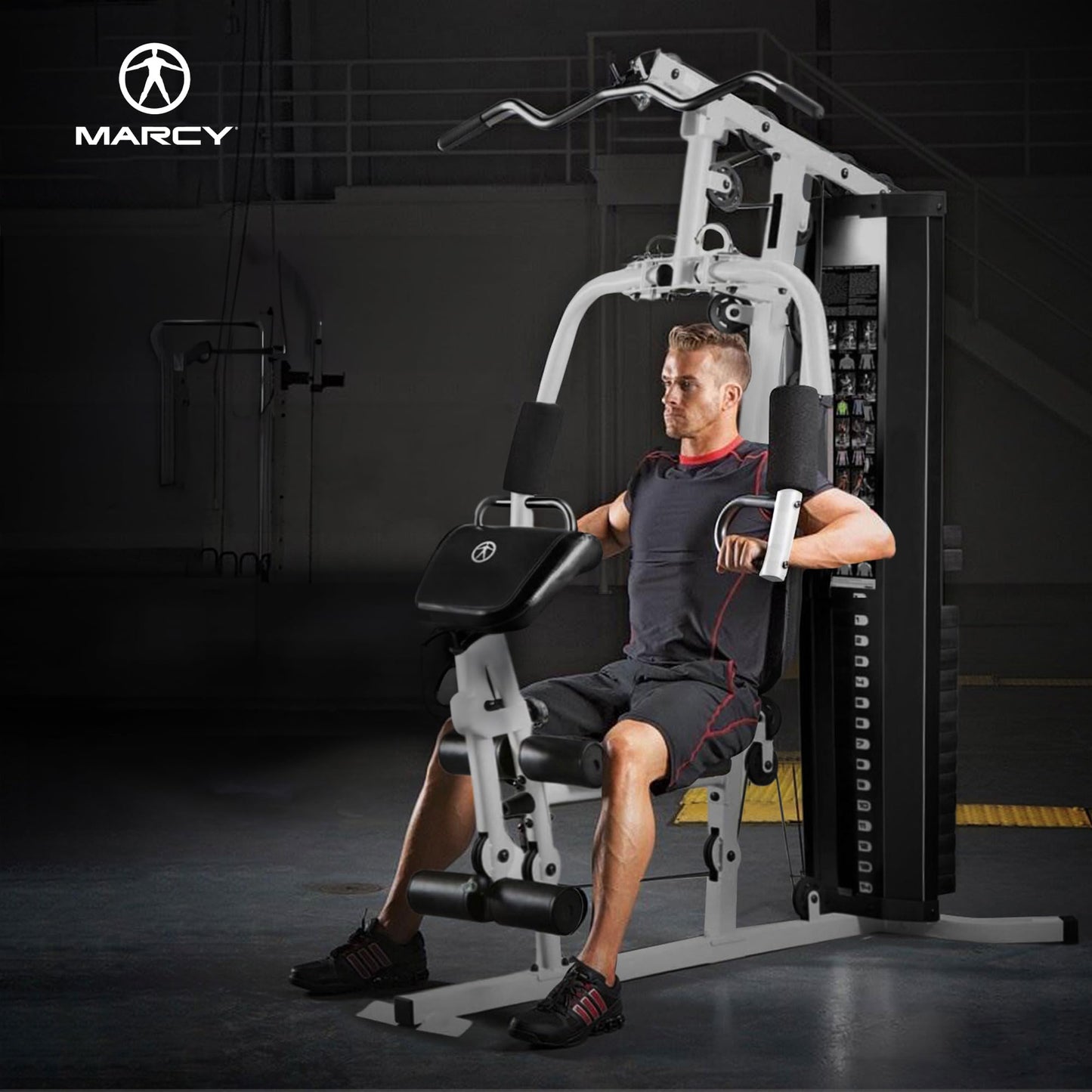 Marcy Home Gym Workout Station with Curl Pad, Lat Pulldown, Leg Developer & Weights, White